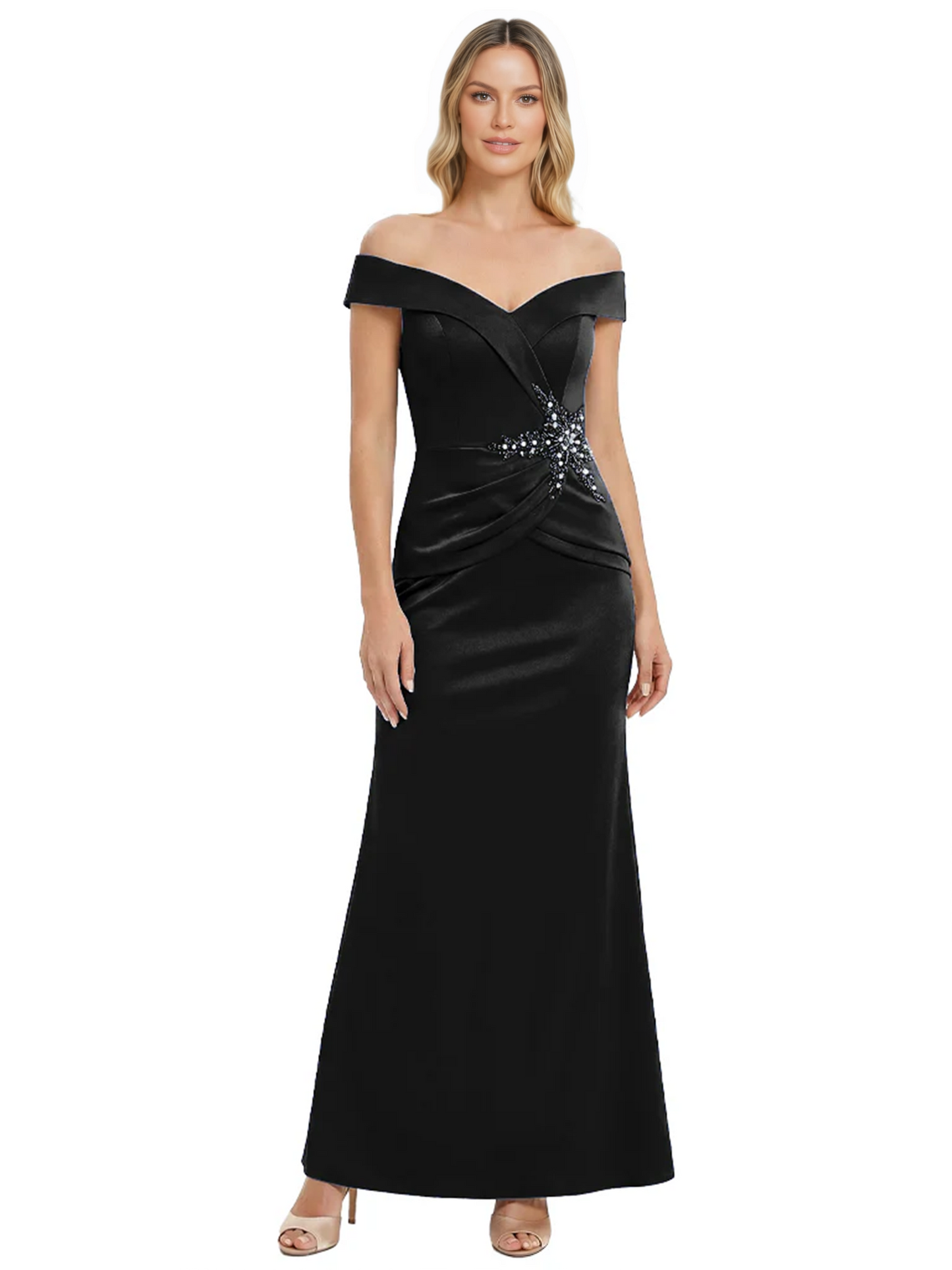 Off Shoulder Mother of the Bride Dress Beaded Waist Satin Gown Portrait Neckline