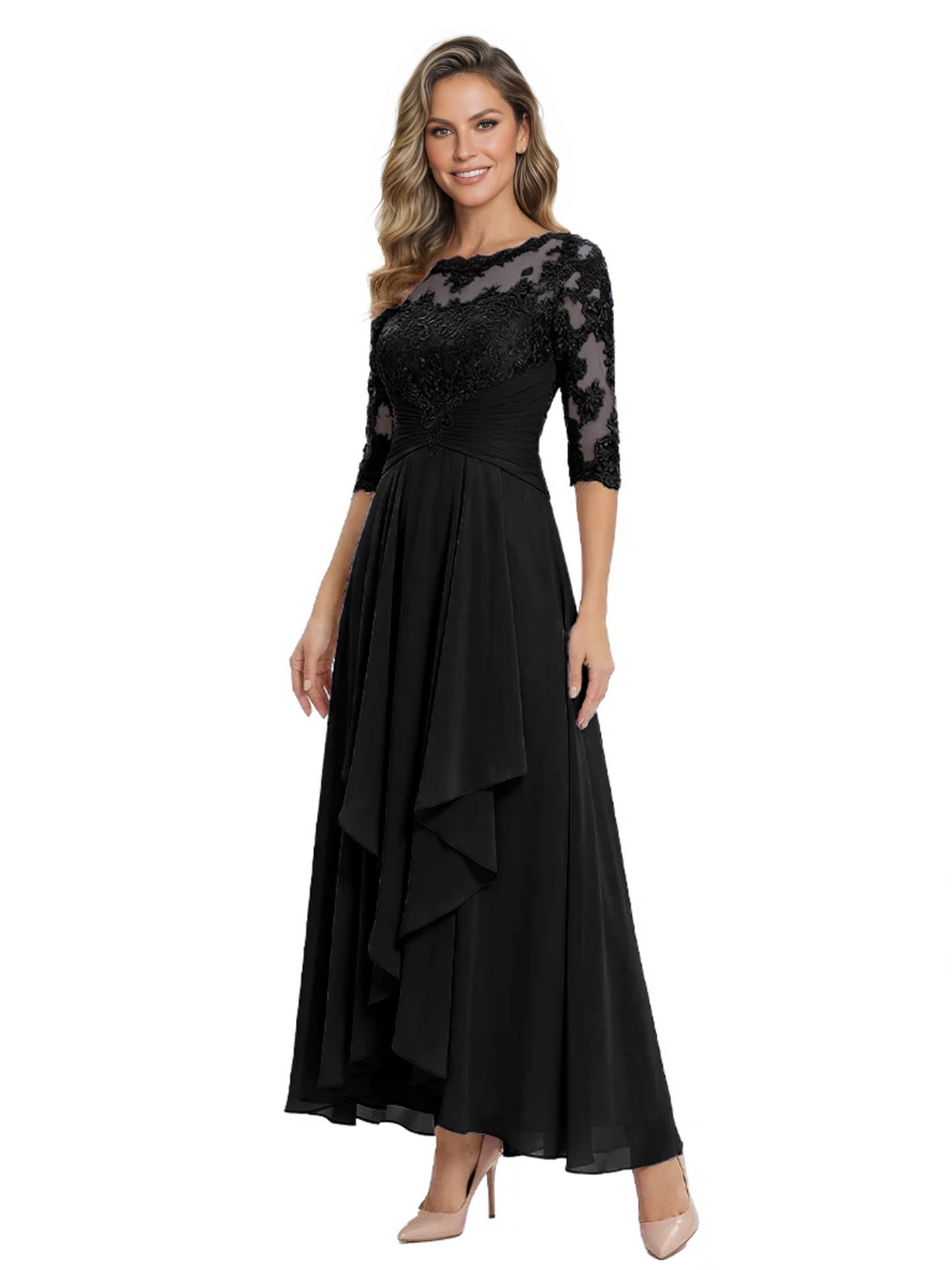 3/4 Sleeve Mother of the Bride Dress with Lace Embroidery High-Low Hem 2026