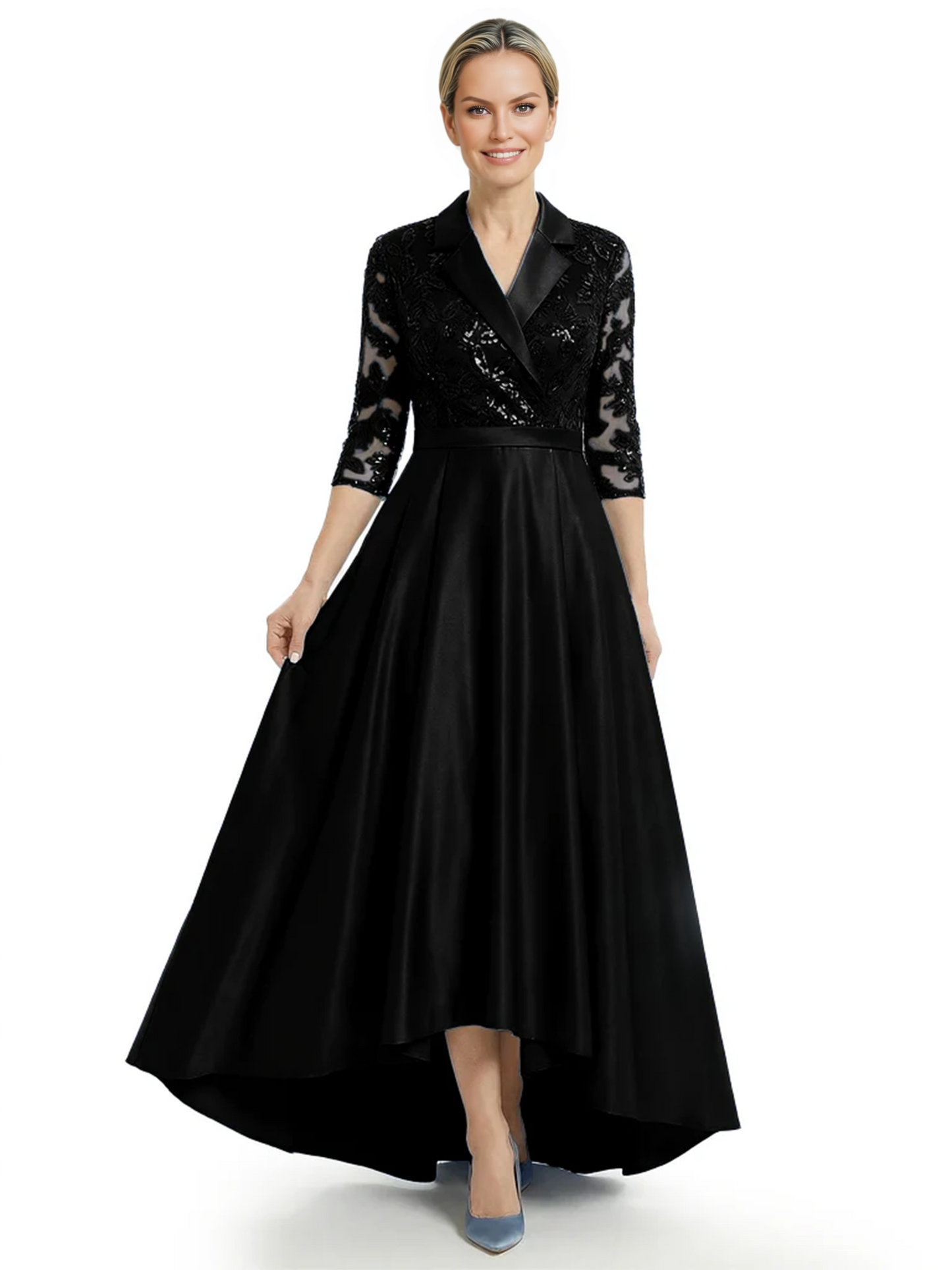 Elegant Mother of Bride Dress Evening Gowns Trending Styles with Lapel Collar 3/4 Sleeves