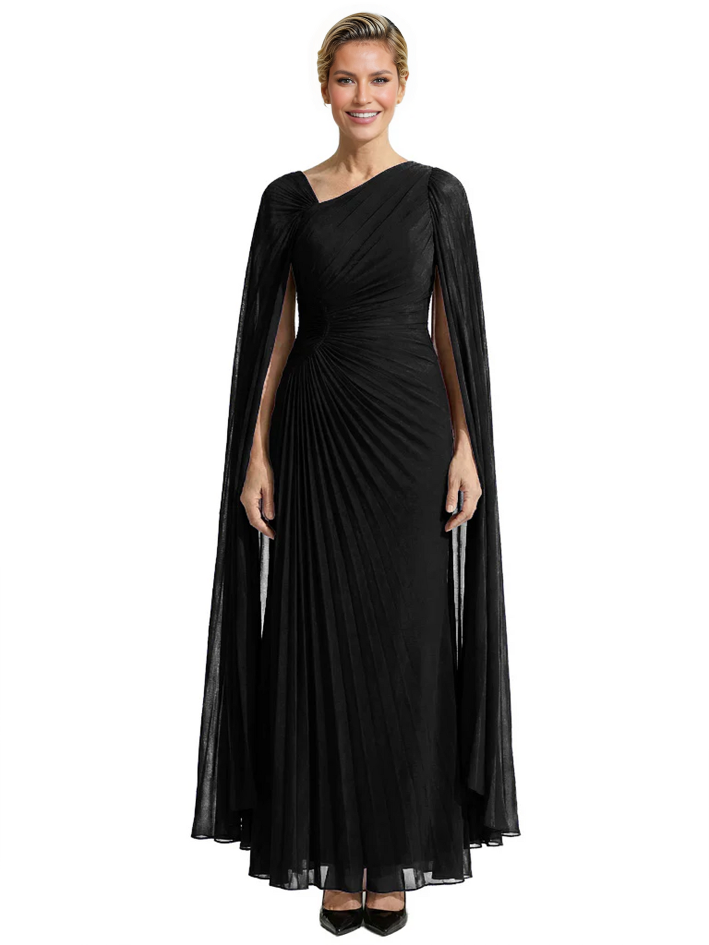 Elegant Asymmetric Neck Long A-Line Chiffon Mother of the Brides Dresses Mom Outfit with Cape