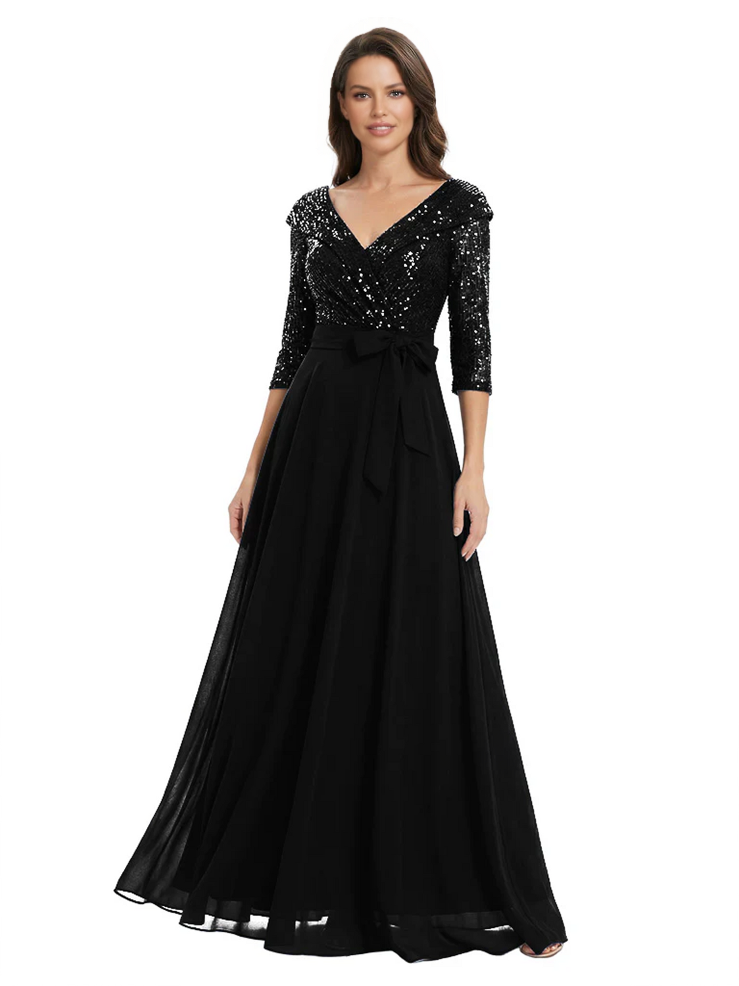 Chiffon Mother of the Bride Dress with Sequin V-Neck and Elegant Bow Sash
