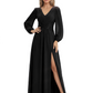 A-Line Mother of Bride Dress V-Neck Chiffon Gown Long Sleeves Slit Formal Dress