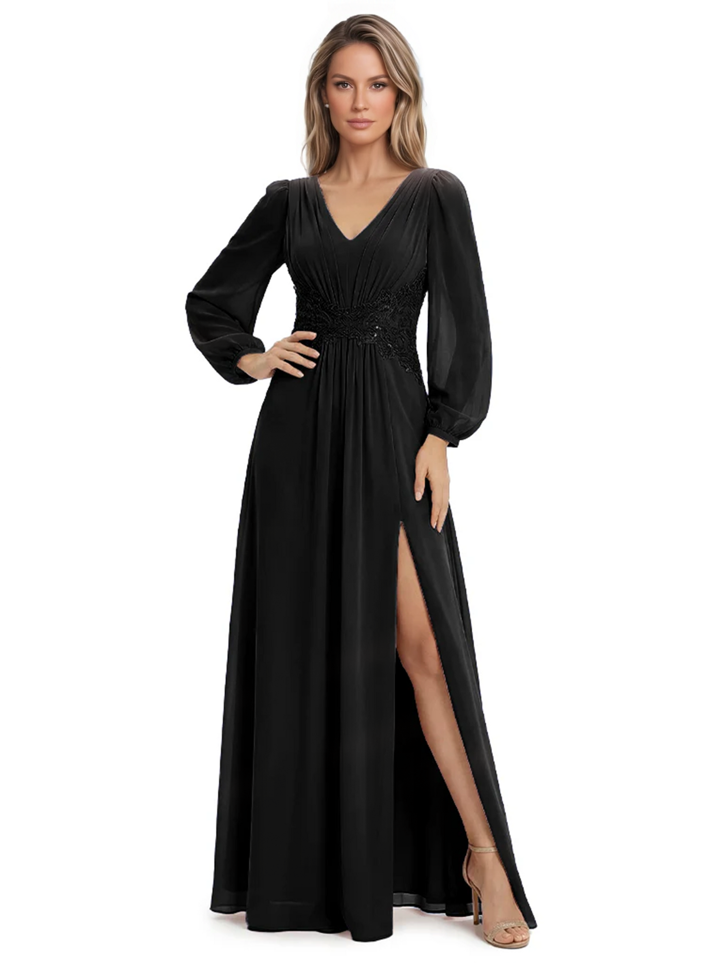 A-Line Mother of Bride Dress V-Neck Chiffon Gown Long Sleeves Slit Formal Dress