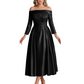 Off Shoulder Mother of the Bride Dress Tea-Length Satin Gown with Lace Applique