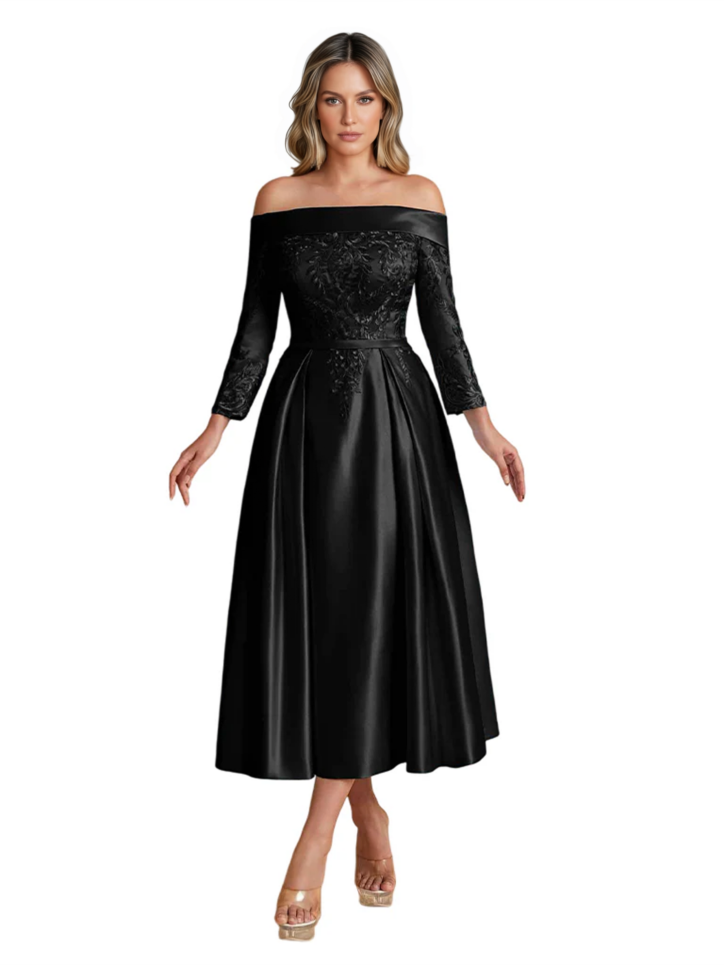 Off Shoulder Mother of the Bride Dress Tea-Length Satin Gown with Lace Applique