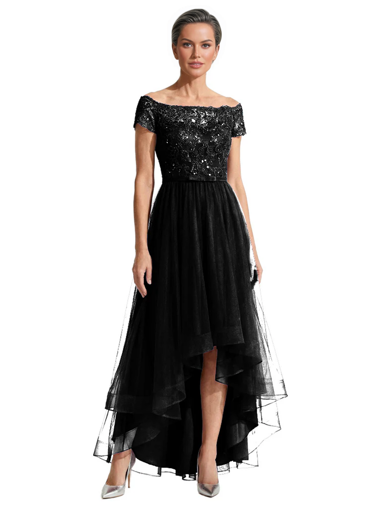 Formal High-Low Mother of the Bride Gown Short Sleeve Lace Maxi Dress with Tiered Skirt