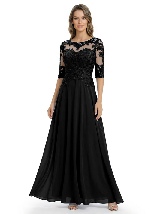 Illusion Neck Mother of the Bride Dress Half Sleeve Lace Applique Gowns Chiffon