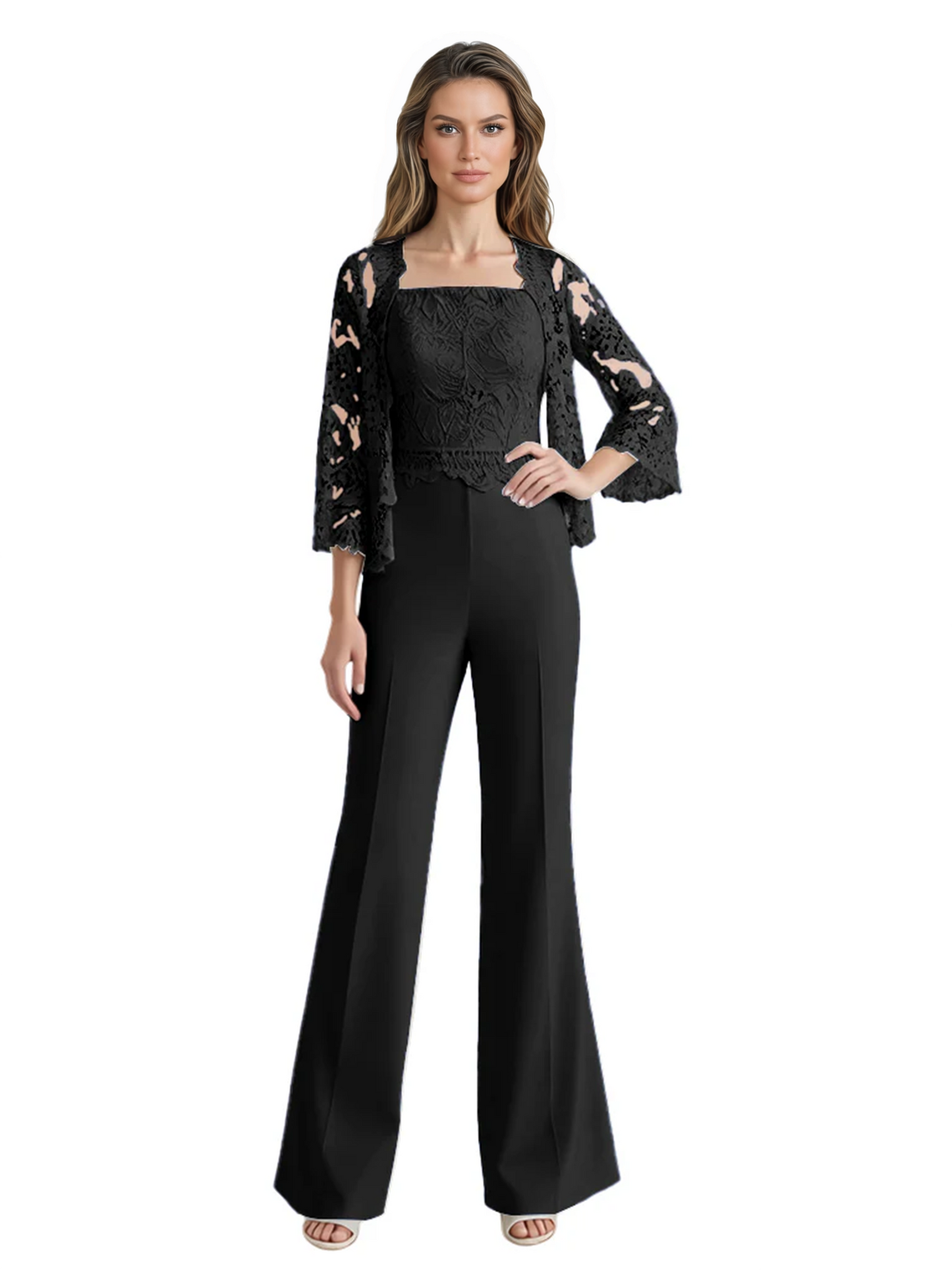 Mother of the Bride Jumpsuit with Lace Jacket 3/4 Sleeve Formal Pant Suit