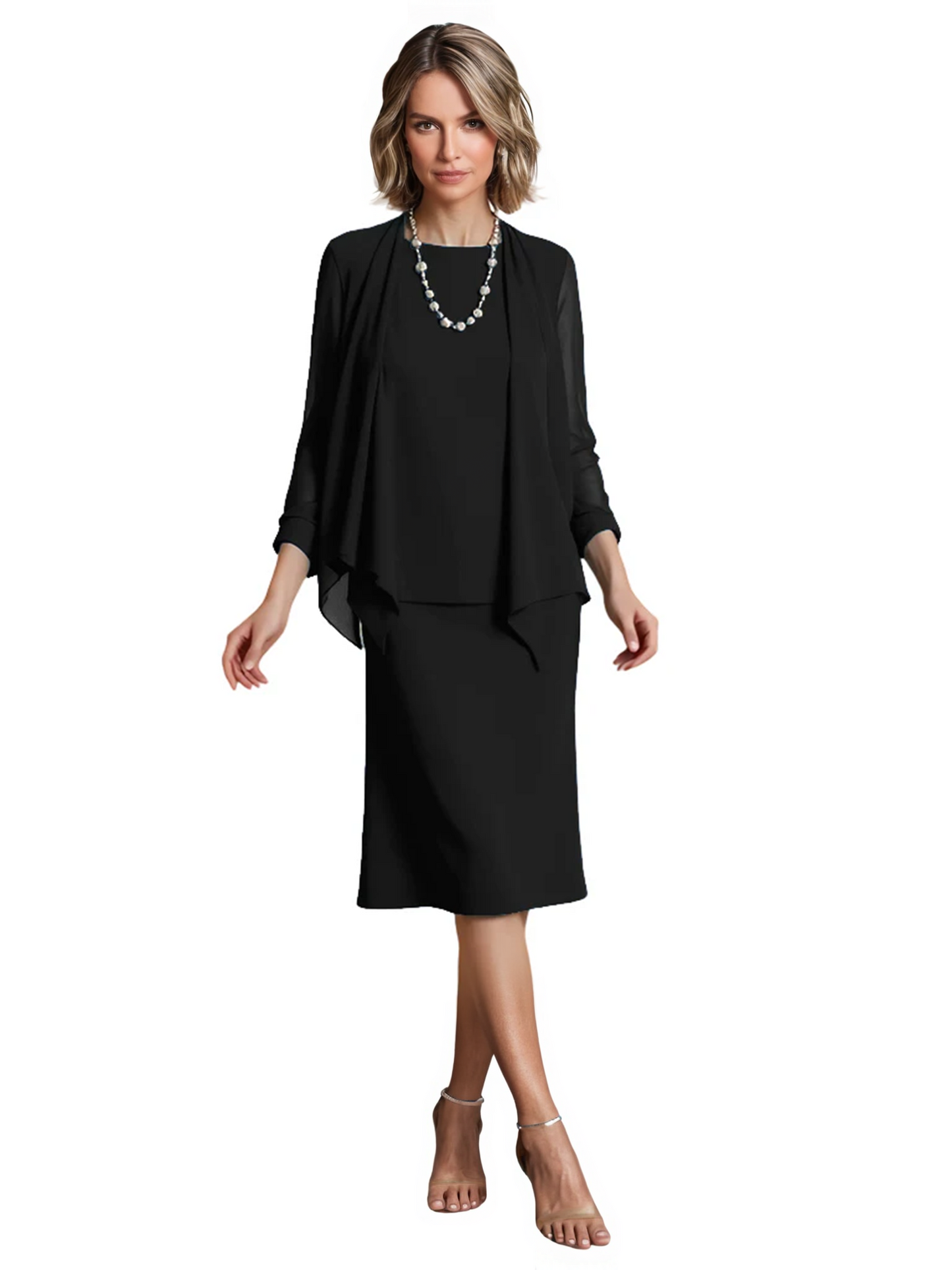 3 PCS Knee-Length Mother of Bride Dresses Prom Dress Evening Dress with Sheer Sleeves and Jacket