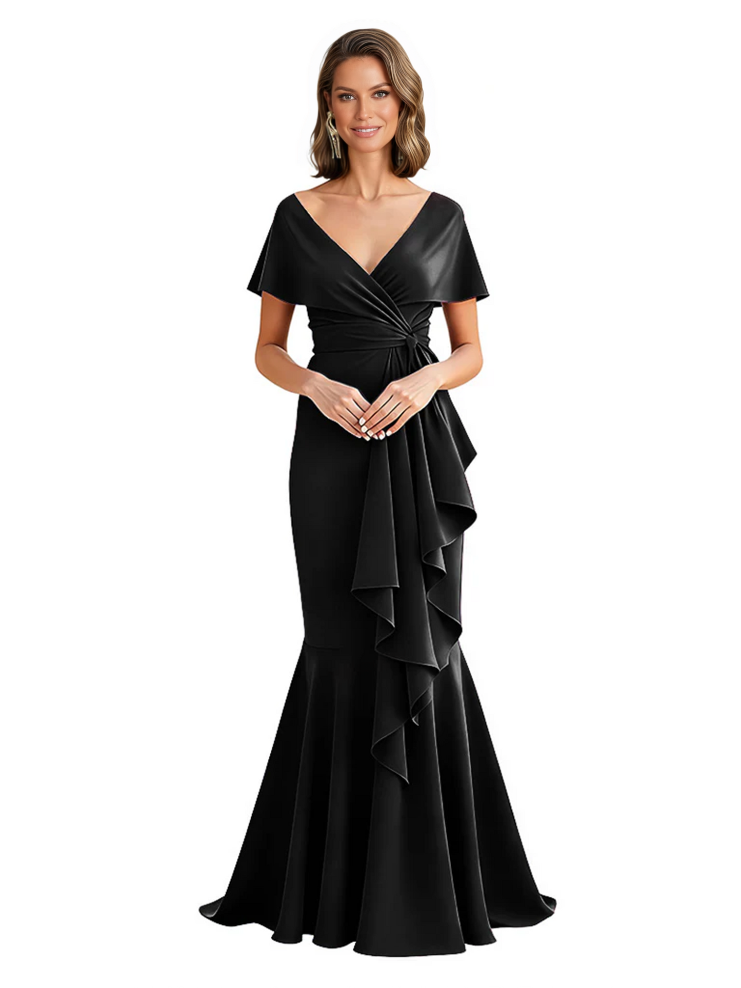 Satin Mother of the Bride Dress with Cascading Ruffles and Mermaid Tail V-Neck
