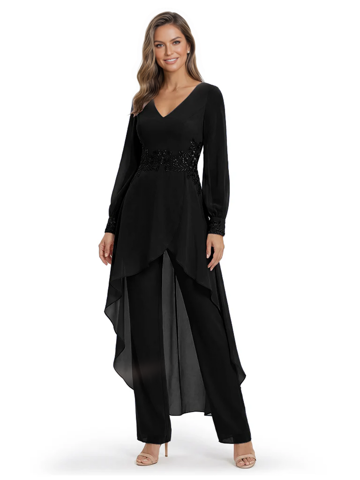 Luxury Black Formal Trousers Set High-Low Chiffon Top with Sparkling Beaded Detail