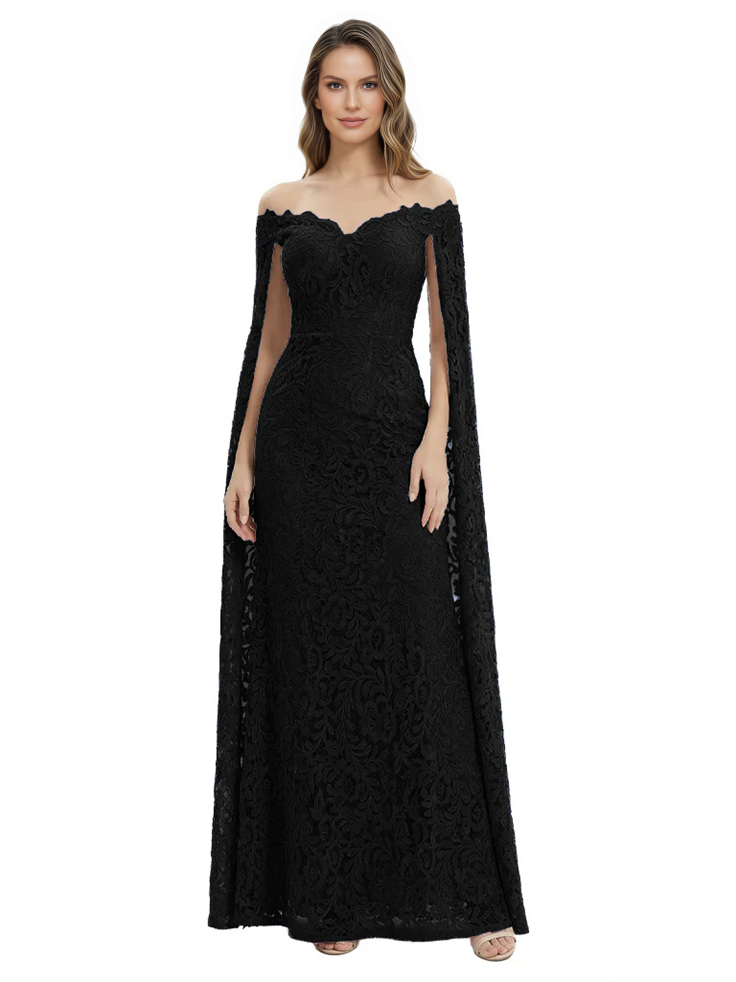Elegant Mother of the Groom Gown Floral Lace Embroidered Formal Dress with Cape