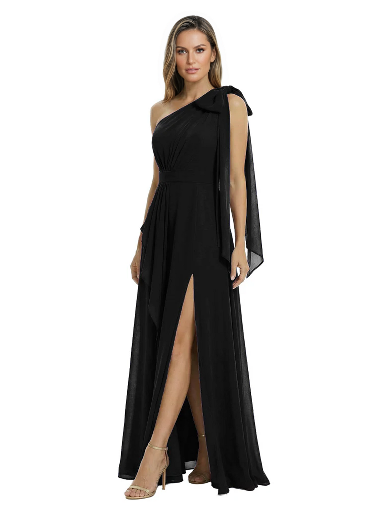 One-Shoulder Mother of the Bride Dress Chiffon Gown with Long Sash Detail