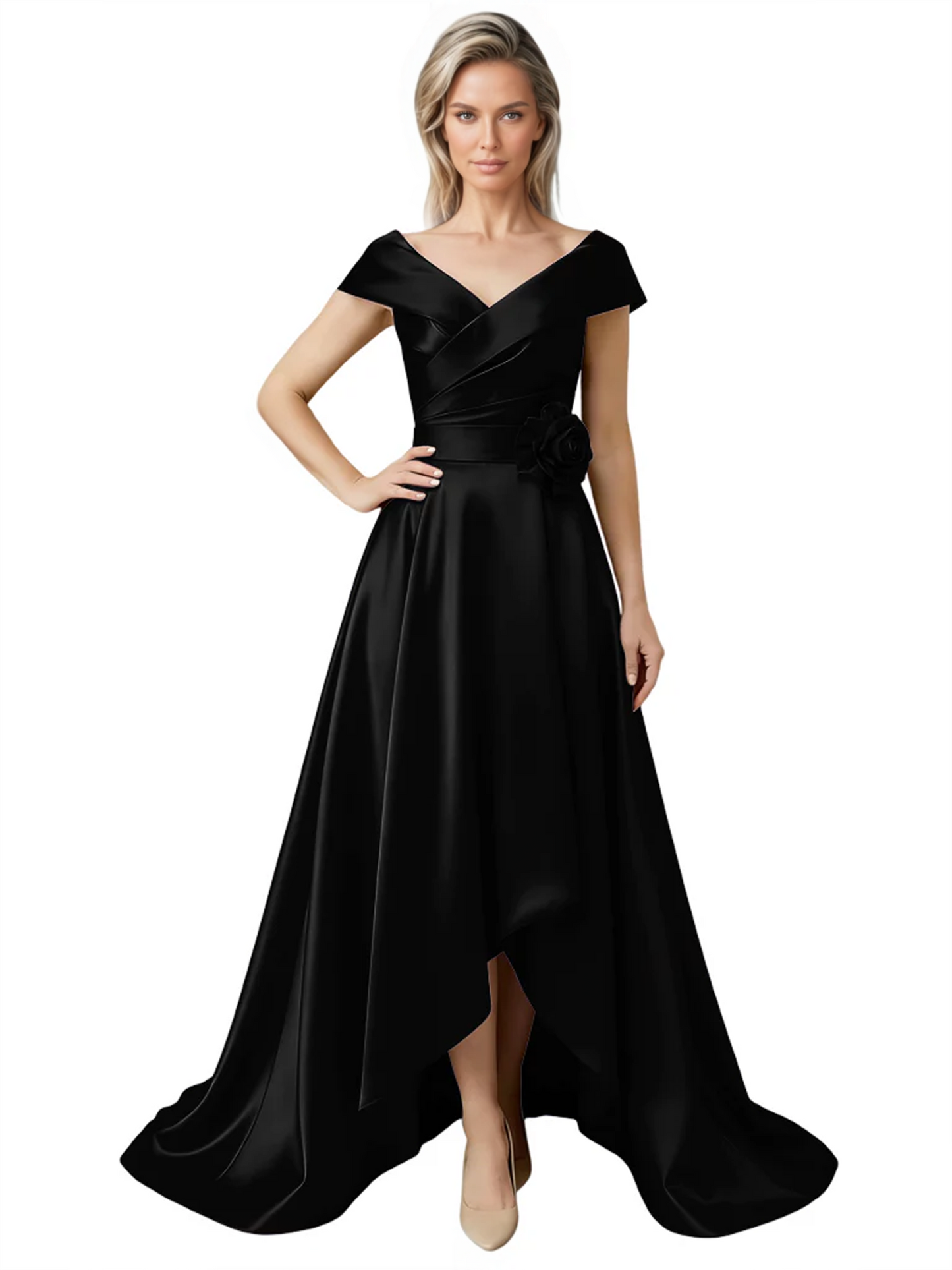 Off Shoulder Mother of the Bride Dress High-Low Satin Gown with Portrait Neckline