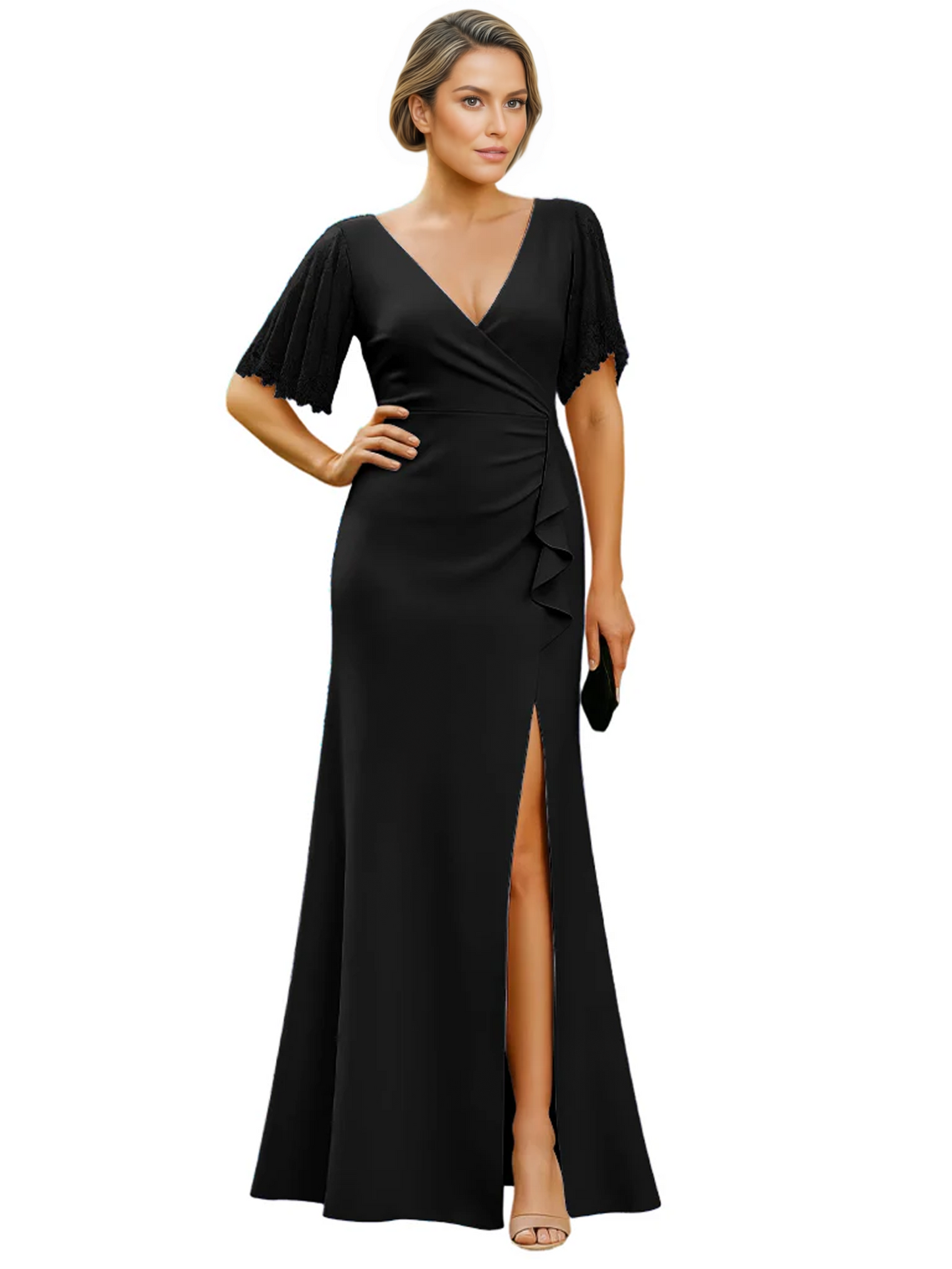 Elegant Evening Gown Trending V-Neck & Ruffle Detail Mother of Bride Outfits Slit