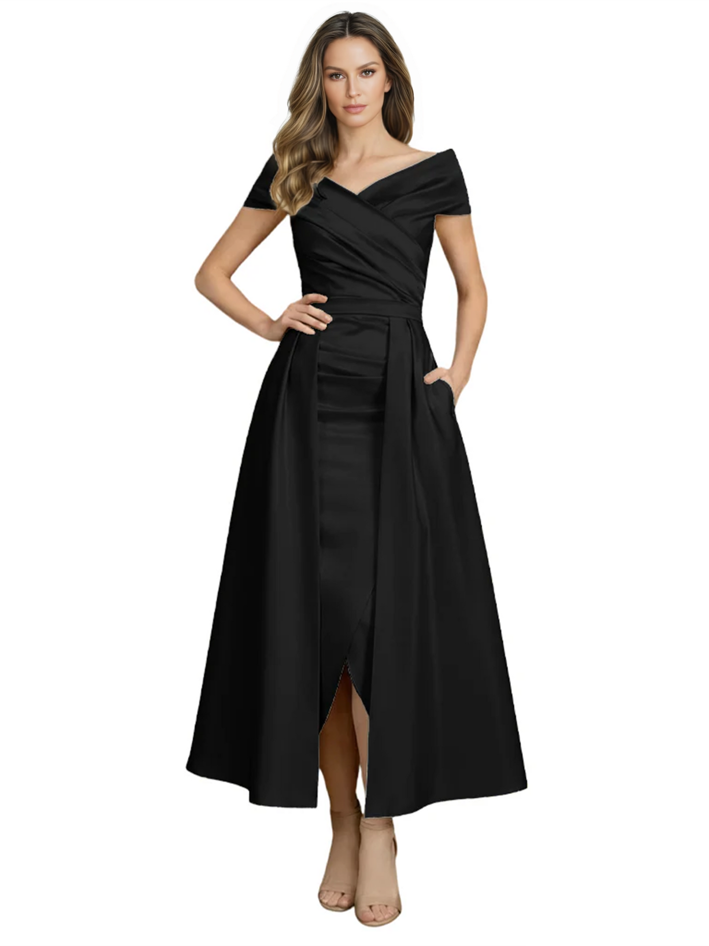 Formal Floor-Length Mother of the Bride Gown Satin Maxi Dress with Slit Off Shoulder