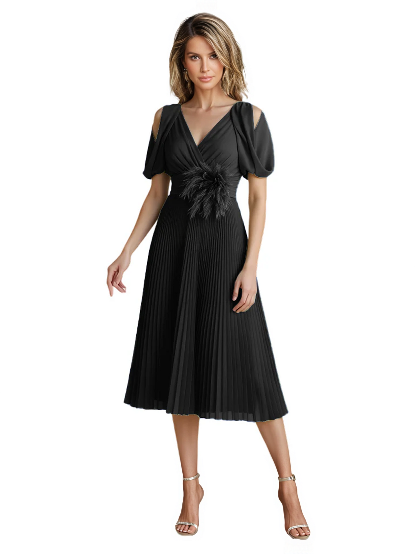 Wedding Formal Dress V-Neck Pleated Chiffon Gown with 3D Flower Accent Knee Length