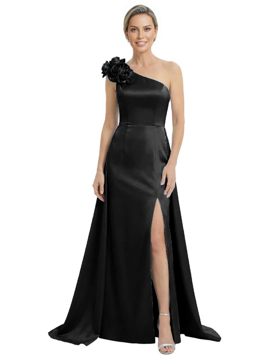 One Shoulder Mother of the Bride Dress with 3D Floral Detail Formal Dress A-Line Gowns with Slit