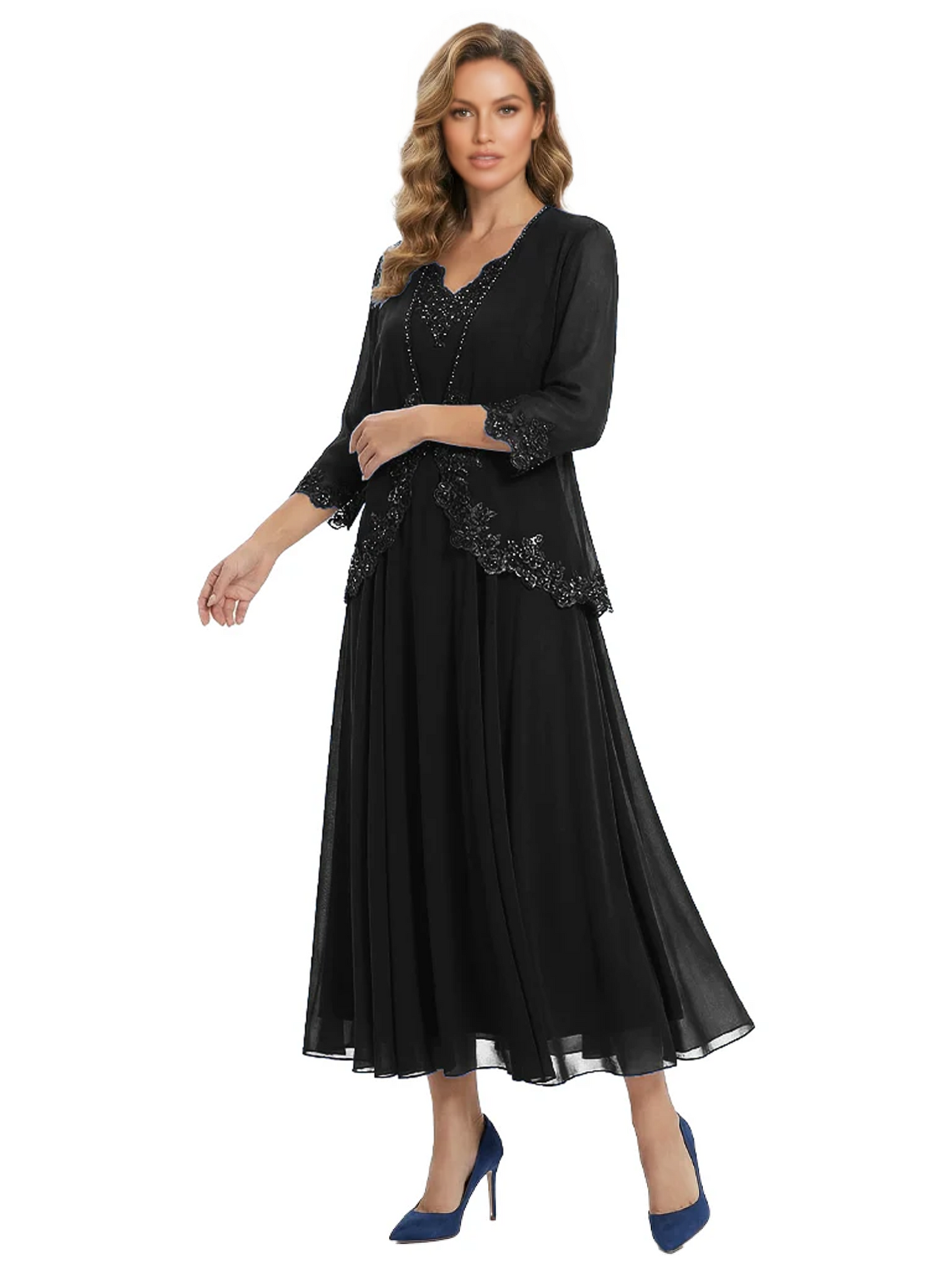 3/4 Sleeve Chiffon Mother of the Brides Dresses V-Neck Wedding Party Gowns