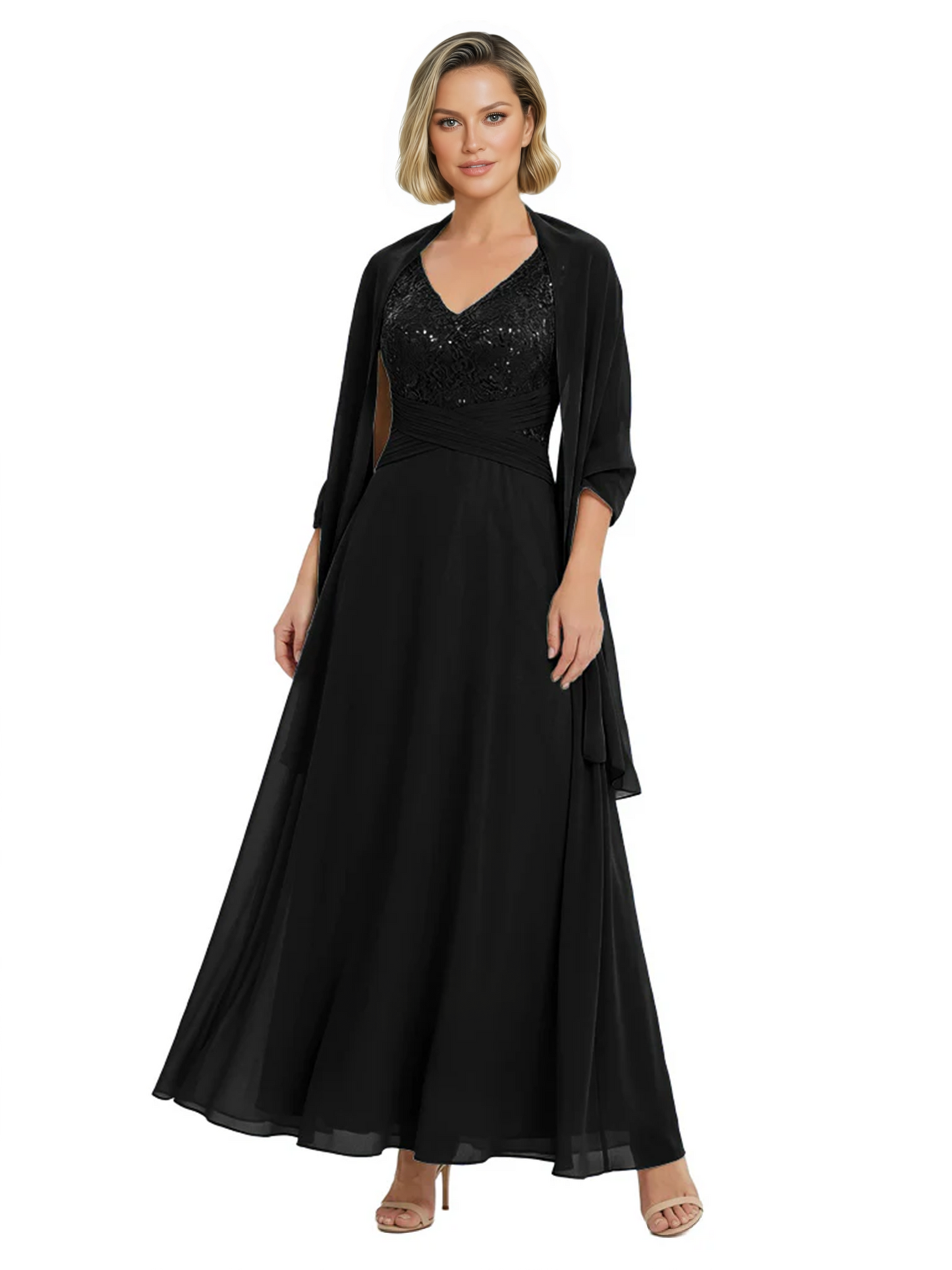Luxury Formal Mother of Bride Dress Sparkling Sequin Top & Flowy Chiffon Skirt with Shawl