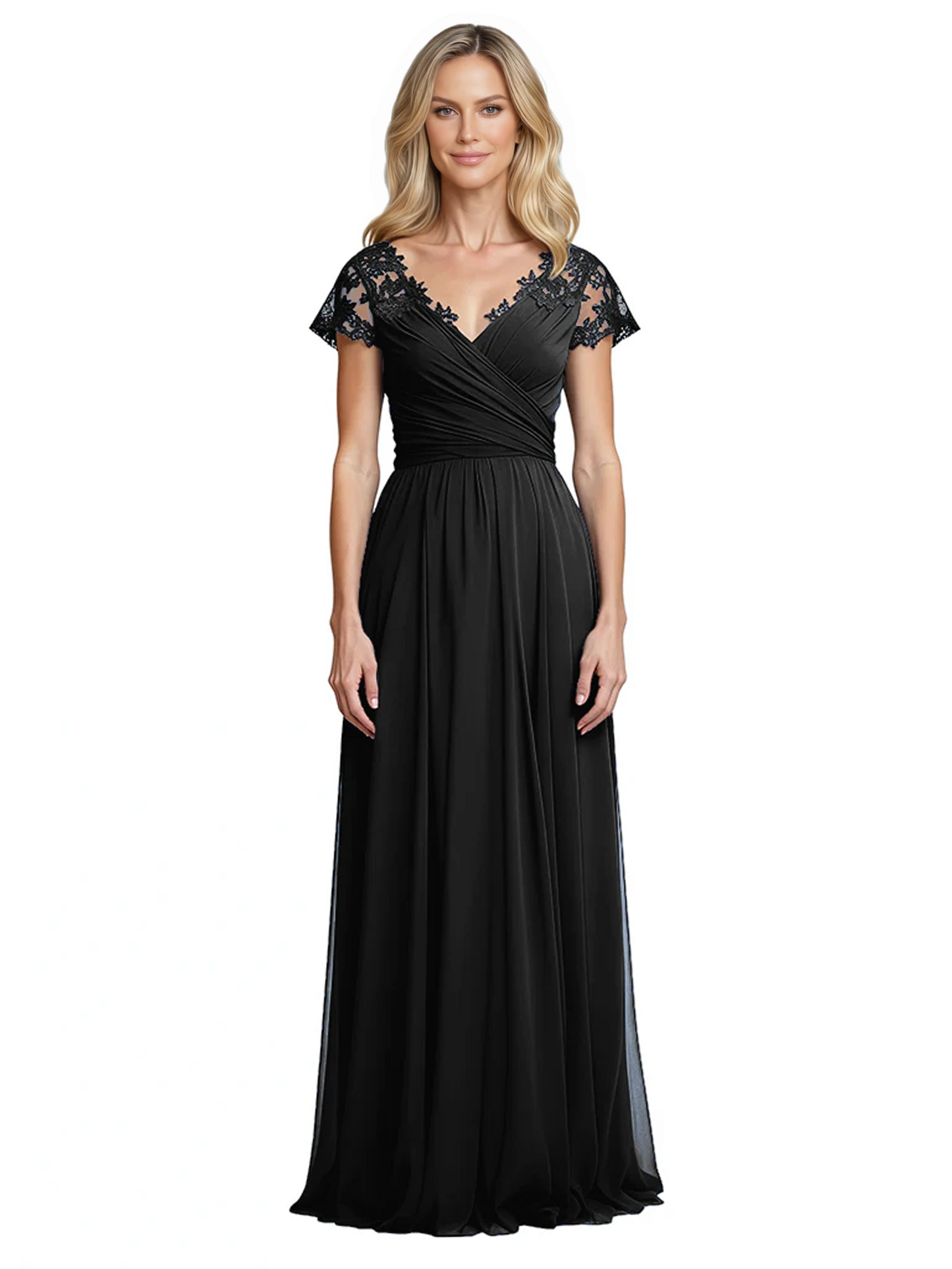 Mother of the Bride Dress Cap Sleeves and V-Neckline with Embroidered Lace Shoulders