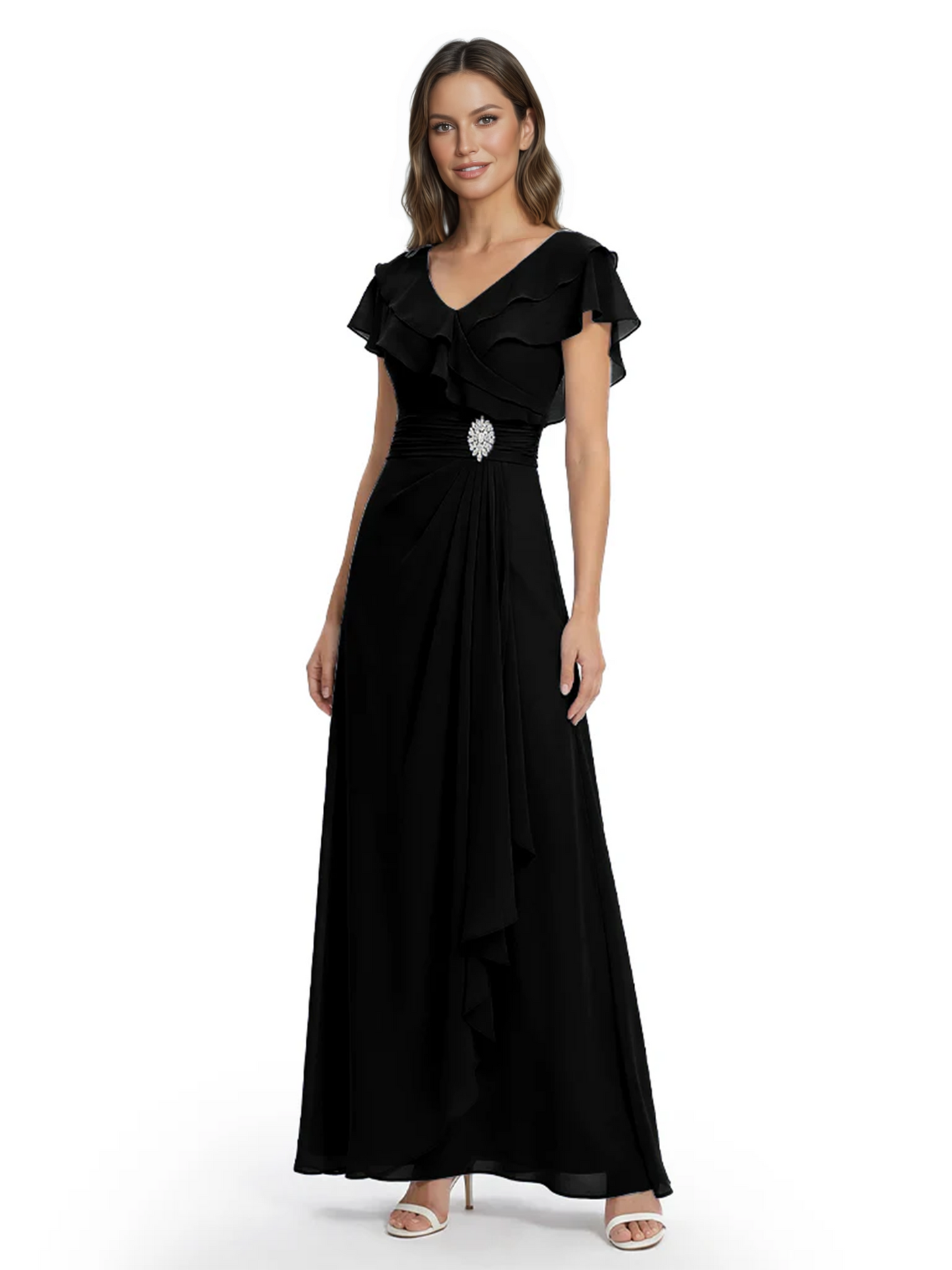 Elegant Mother of the Groom Dress Cascading Ruffle Chiffon Formal Gown Rhinestone