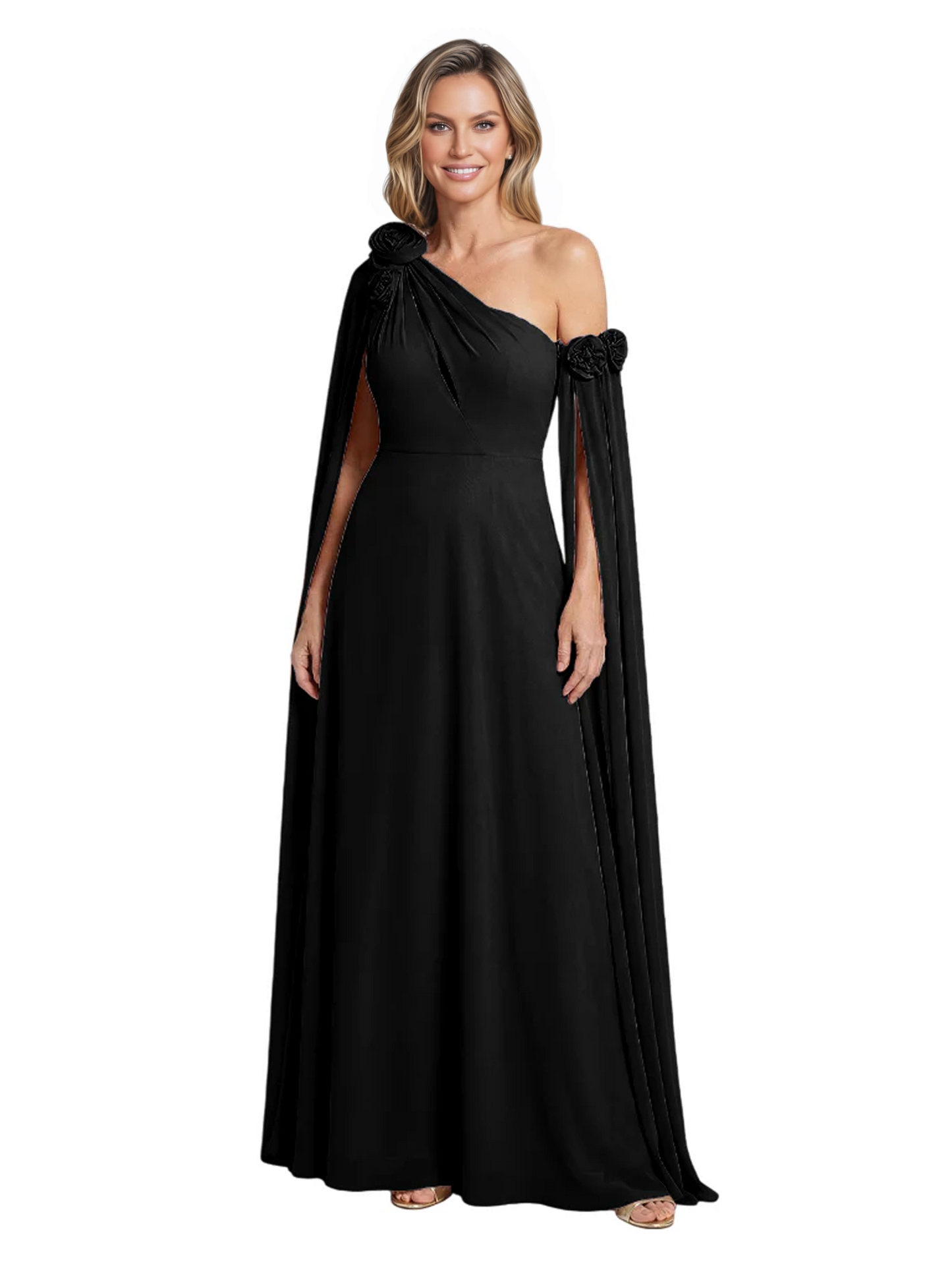 One Shoulder Mother of the Bride Dress Asymmetrical Cape Sleeve Gown with Floral