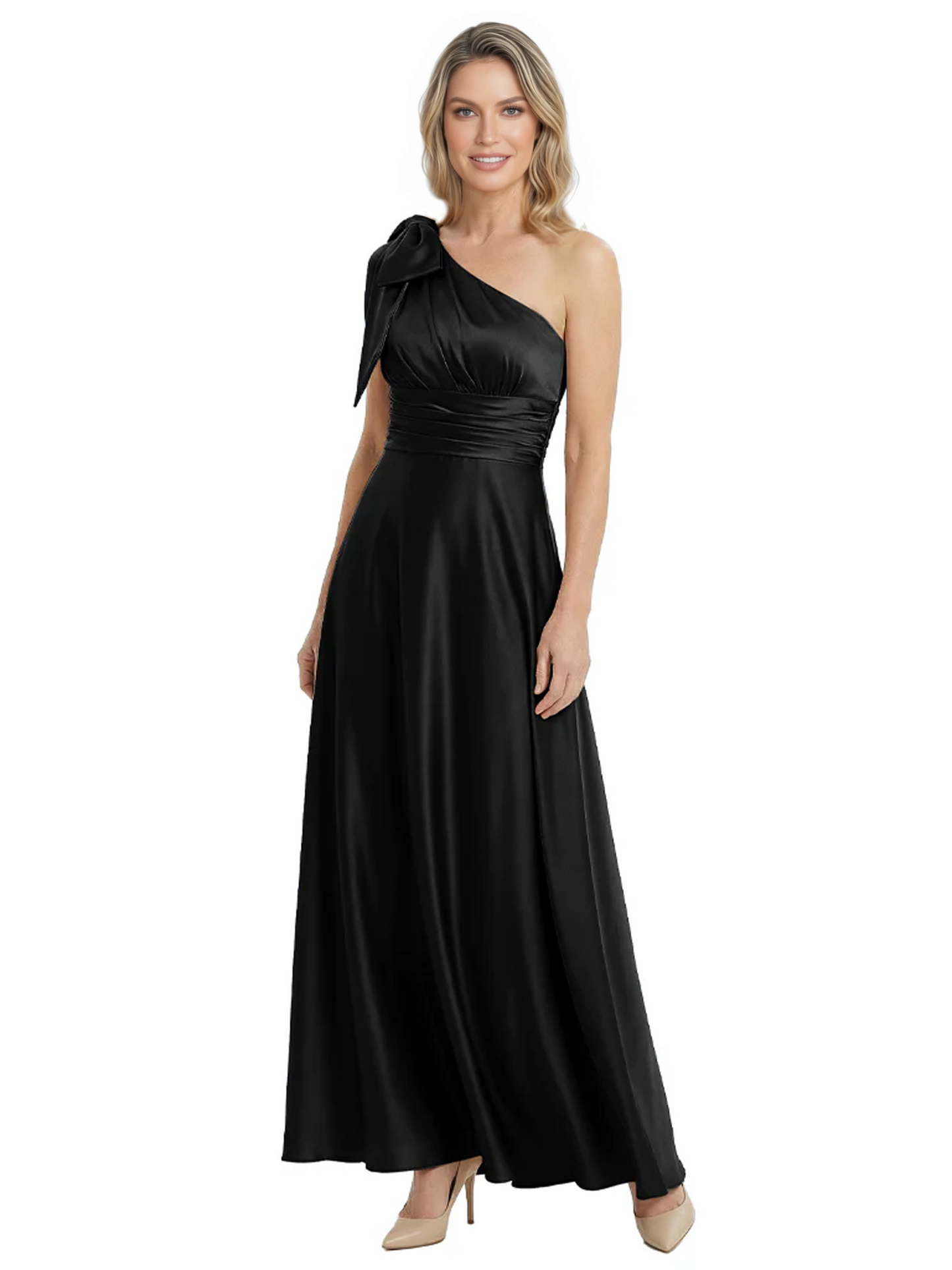 One-Shoulder Mother of the Bride Dress Satin Gown with Bow Ruched Empire Waist