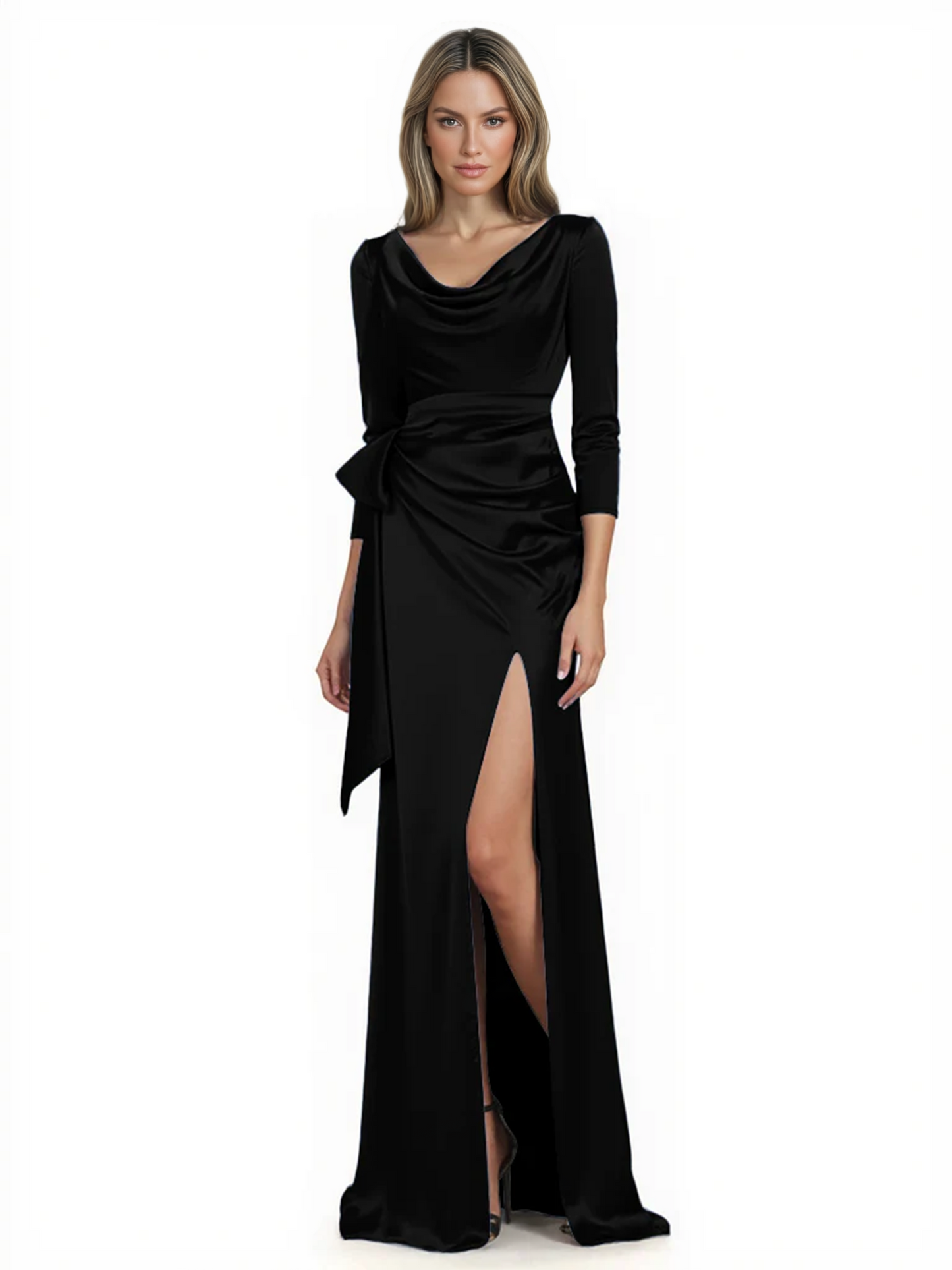 Elegant Evening Gowns Slit Trending Styles Satin Slit Formal Dress Cowl Neckline Gown Tie