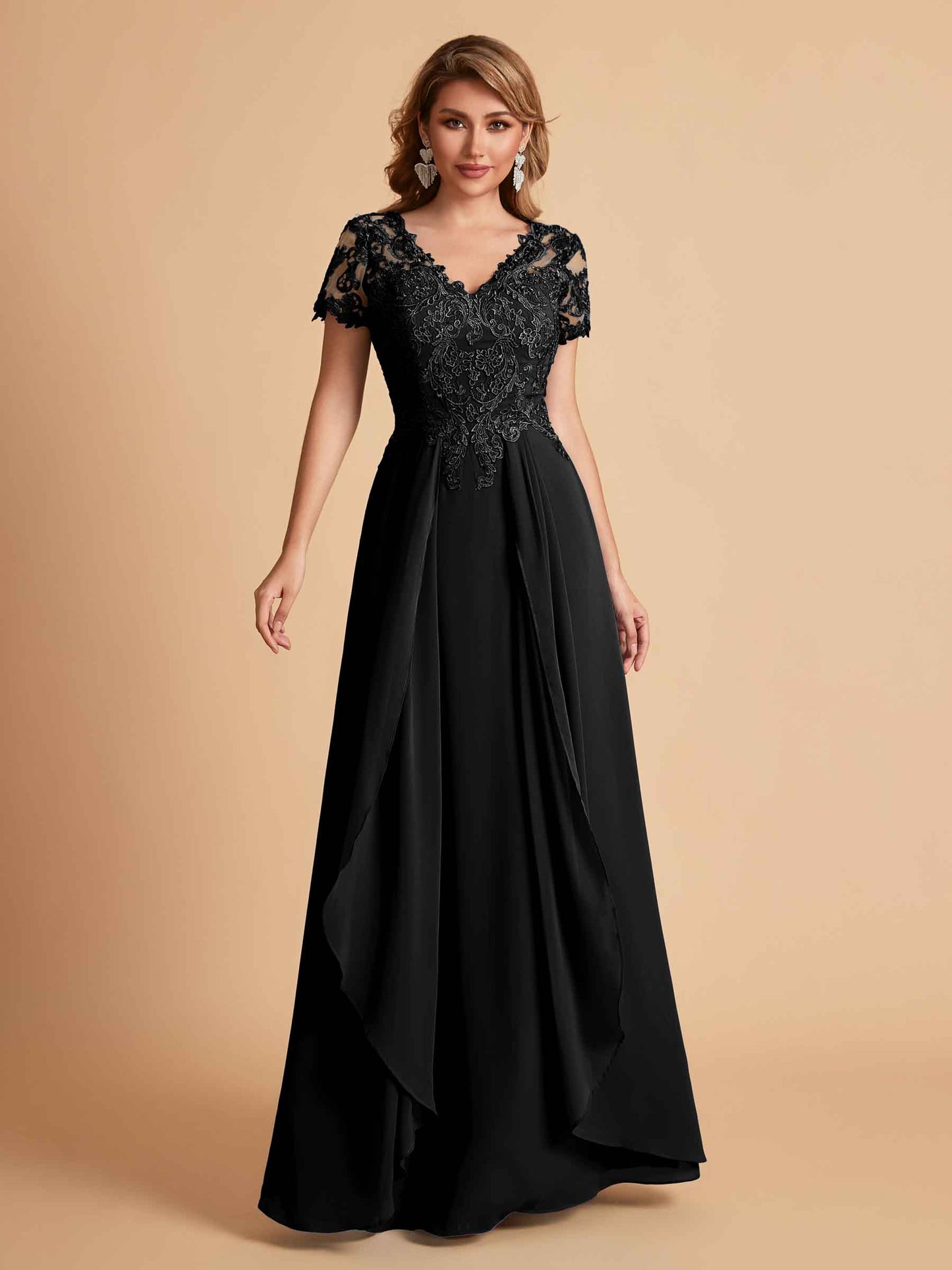 Elegant A-Line Chiffon Short Sleeves V-neck Mother of the Brides Dresses Lace Top MOB Dresses