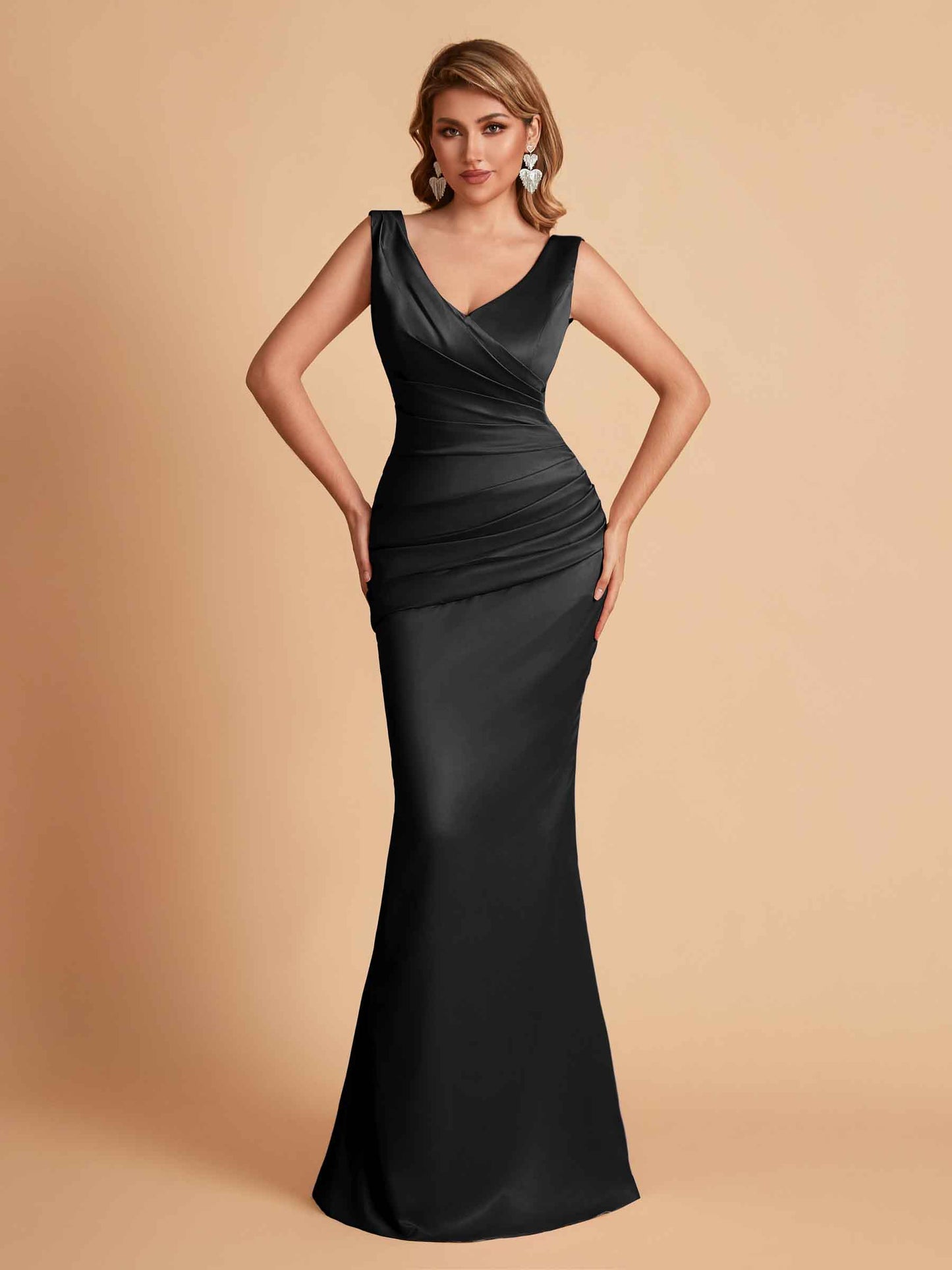 Elegant Satin V-neck Sleeveless Mermaid Floor Length Bridesmaid Dresses