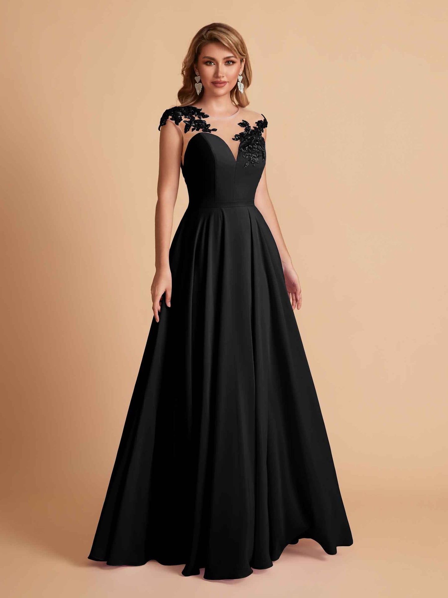 Chiffon Illusion Lace Top A-line Bridesmaid Dresses V-neck Floor Length Wedding Guest Dresses