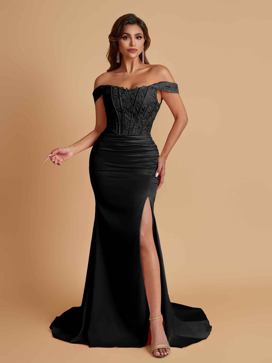 Elegant Soft Satin Mermaid Off Shoulder Side Slit Floor-Length Mermaid Bridesmaid Dresses