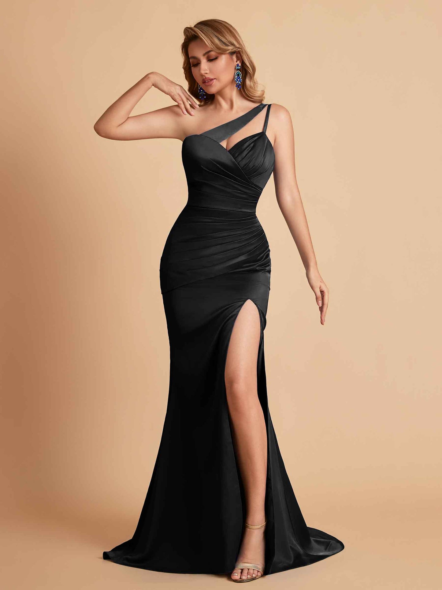 Elegant Satin One Shoulder Mermaid Side Slit Floor Length Bridesmaid Dresses