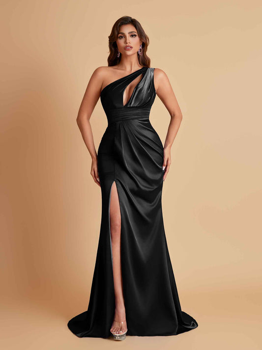 Sexy One Shoulder Soft Satin Side Slit Floor-Length Mermaid Bridesmaid Dresses