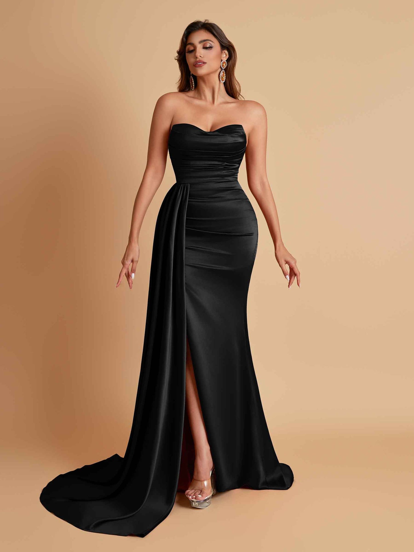 Elegant Soft Satin Sweetheart Strapless Side-Slit Mermaid Bridesmaid Dresses