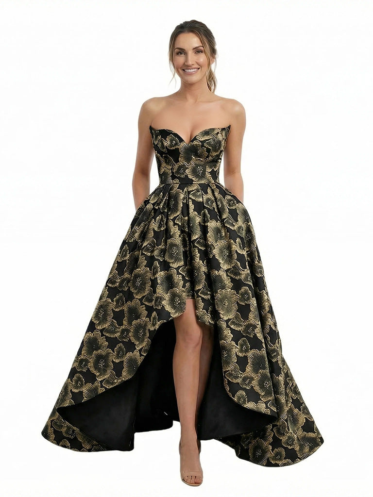 Elegant Floral Jacquard Sweetheart High-Low A-Line Long Formal Evening Dresses