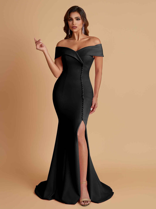 Elegant Soft Satin Mermaid Off Shoulder Side Slit Floor-Length Bridesmaid Dresses