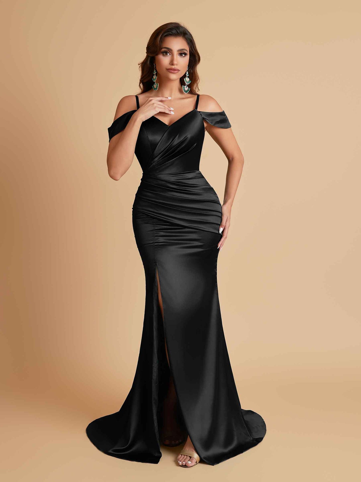 Sexy Soft Satin Mermaid Off Shoulder Side Slit Floor-Length Mermaid Bridesmaid Dresses