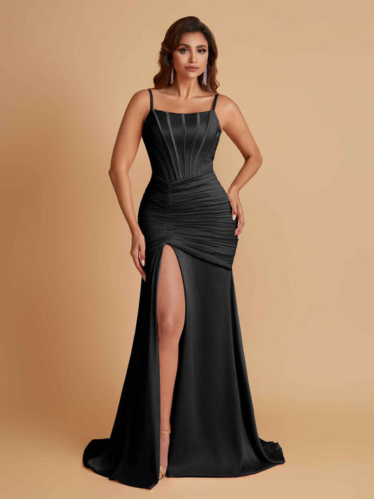 Sexy Soft Satin Mermaid Spaghetti Straps Side Slit Floor-Length Bridesmaid Dresses
