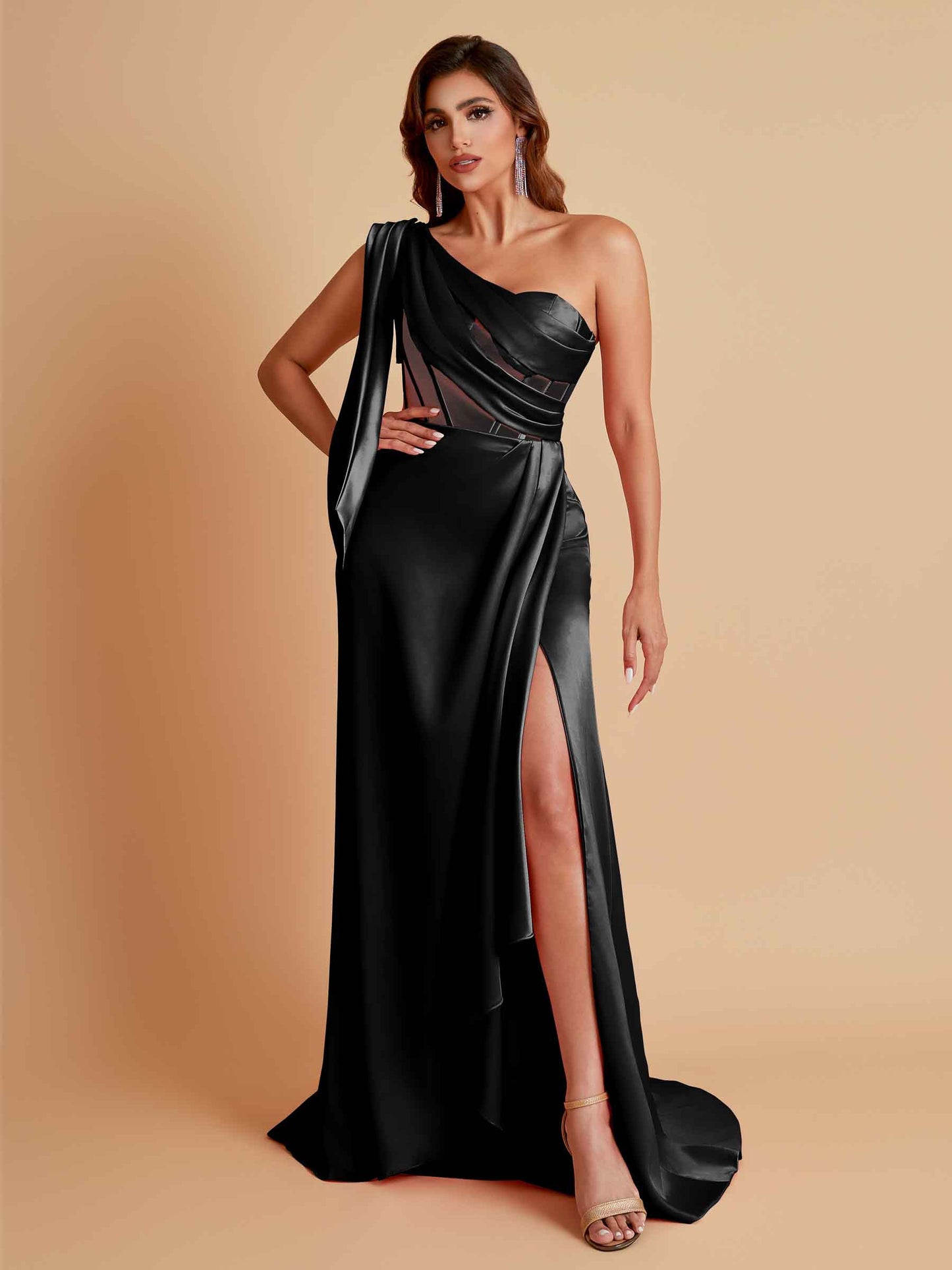 Sexy Soft Satin Mermaid One Shoulder Asymmetrical Side Slit Floor-Length Bridesmaid Dresses