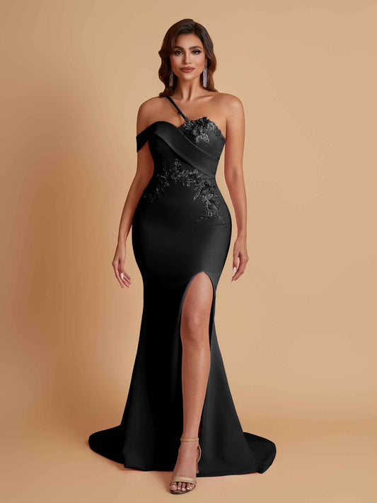 Sexy Soft Satin Mermaid One Shoulder Asymmetrical Side Slit Floor-Length Bridesmaid Dresses