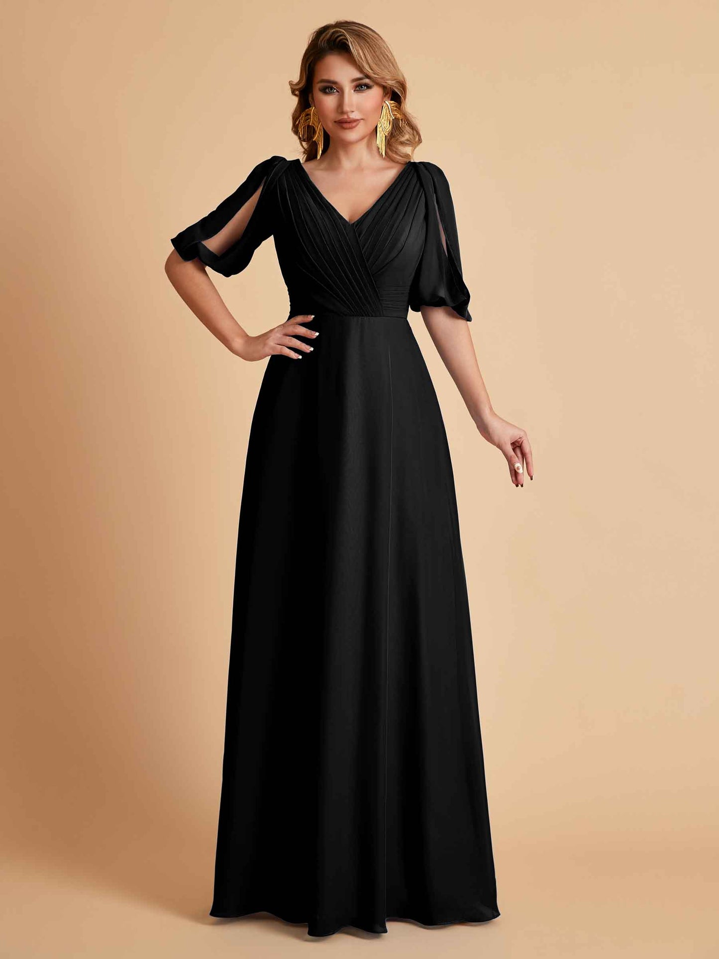 Elegant A-Line Chiffon Half Sleeves V-Neck Mother of the Brides Dresses Online