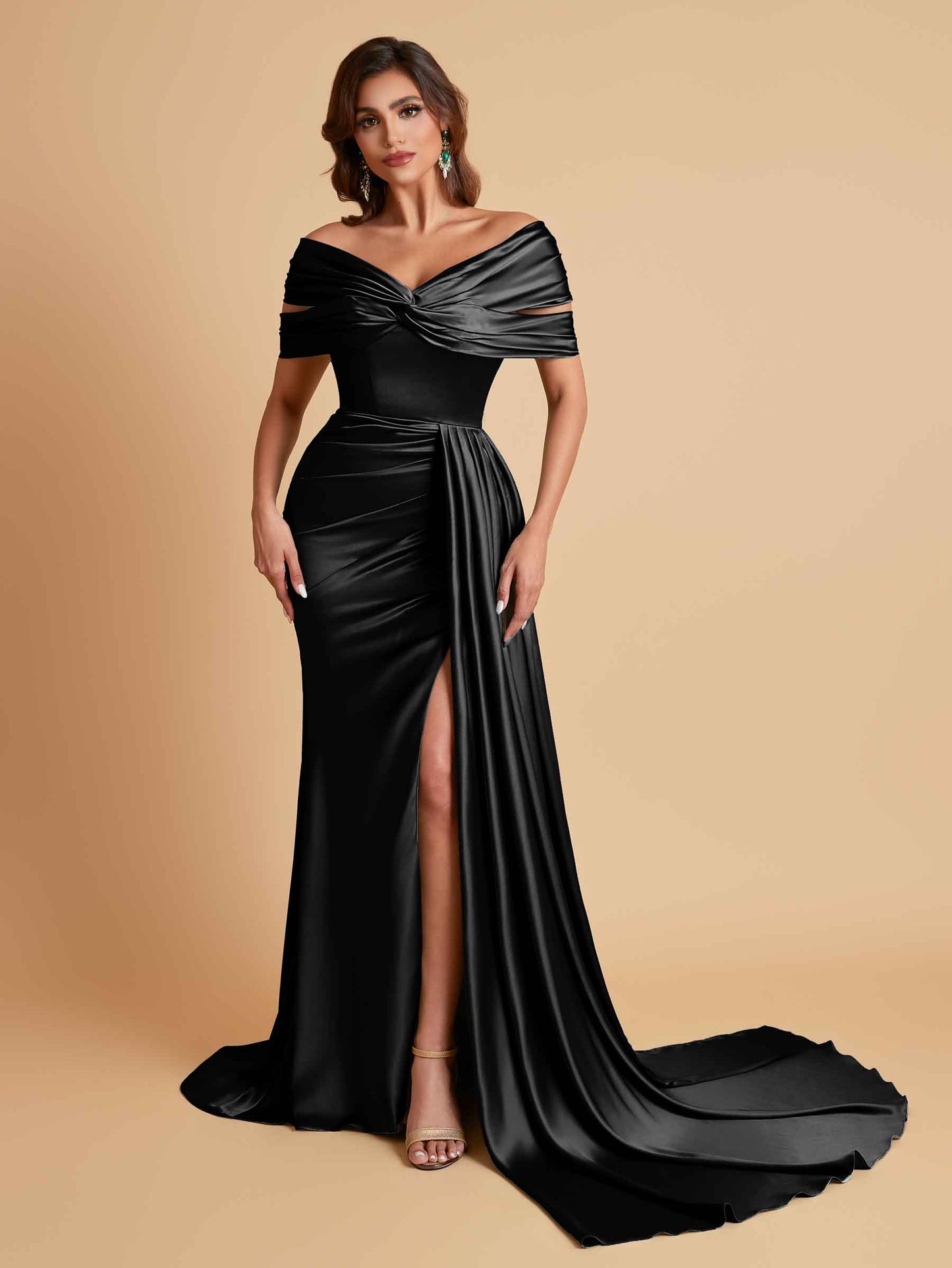 Elegant Soft Satin V-neck Off-the-Shoulder Side-Slit Mermaid Bridesmaid Dresses