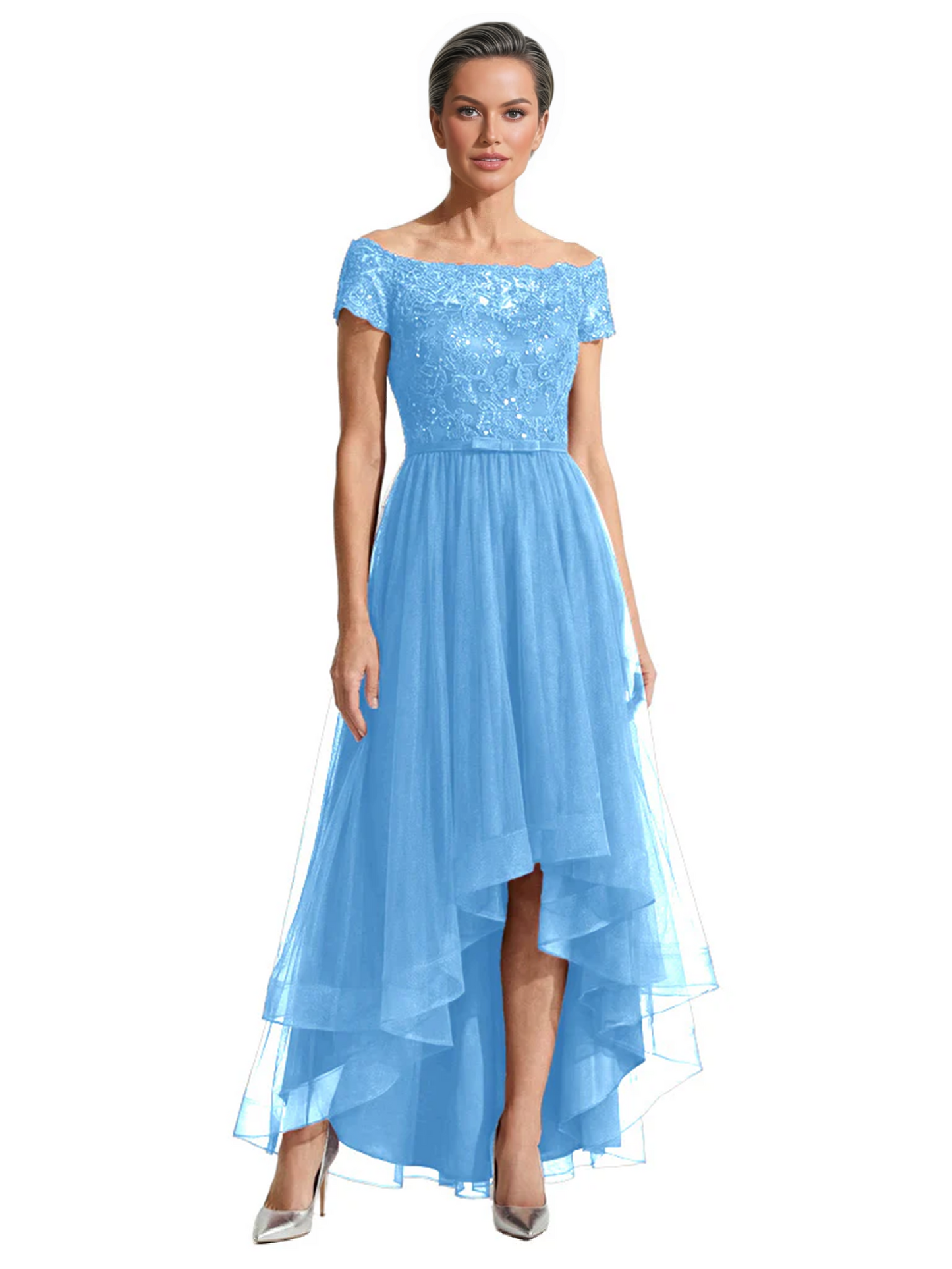 Formal High-Low Mother of the Bride Gown Short Sleeve Lace Maxi Dress with Tiered Skirt