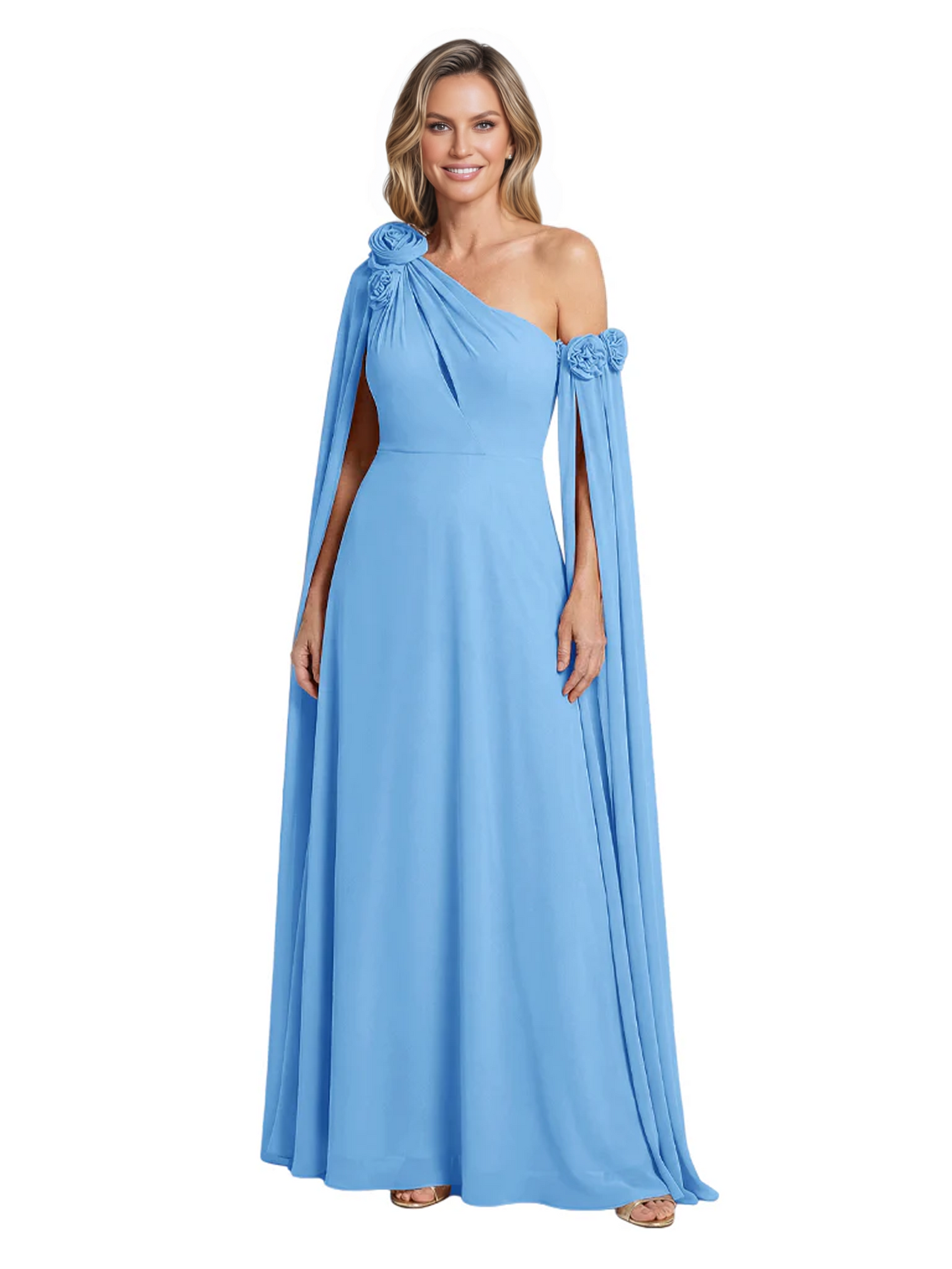 One Shoulder Mother of the Bride Dress Asymmetrical Cape Sleeve Gown with Floral
