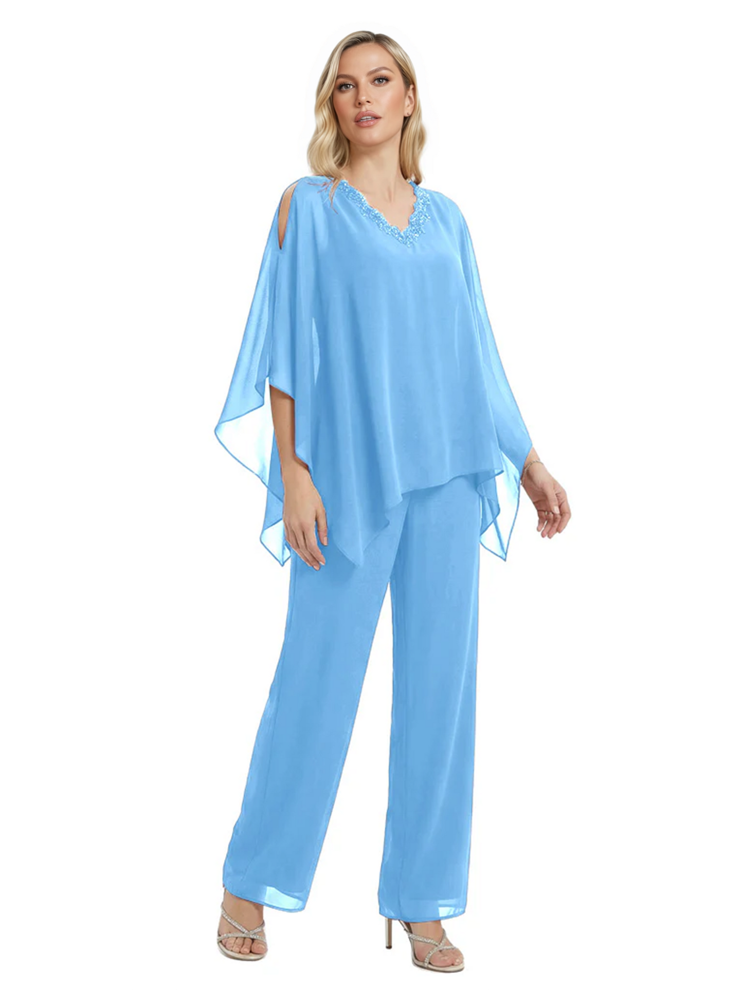 V-Neck Chiffon Mother of the Brides Dresses Plus Size Jacket Suits Wedding