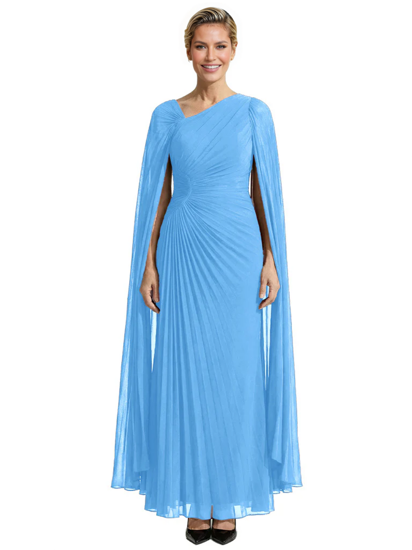 Elegant Asymmetric Neck Long A-Line Chiffon Mother of the Brides Dresses Mom Outfit with Cape