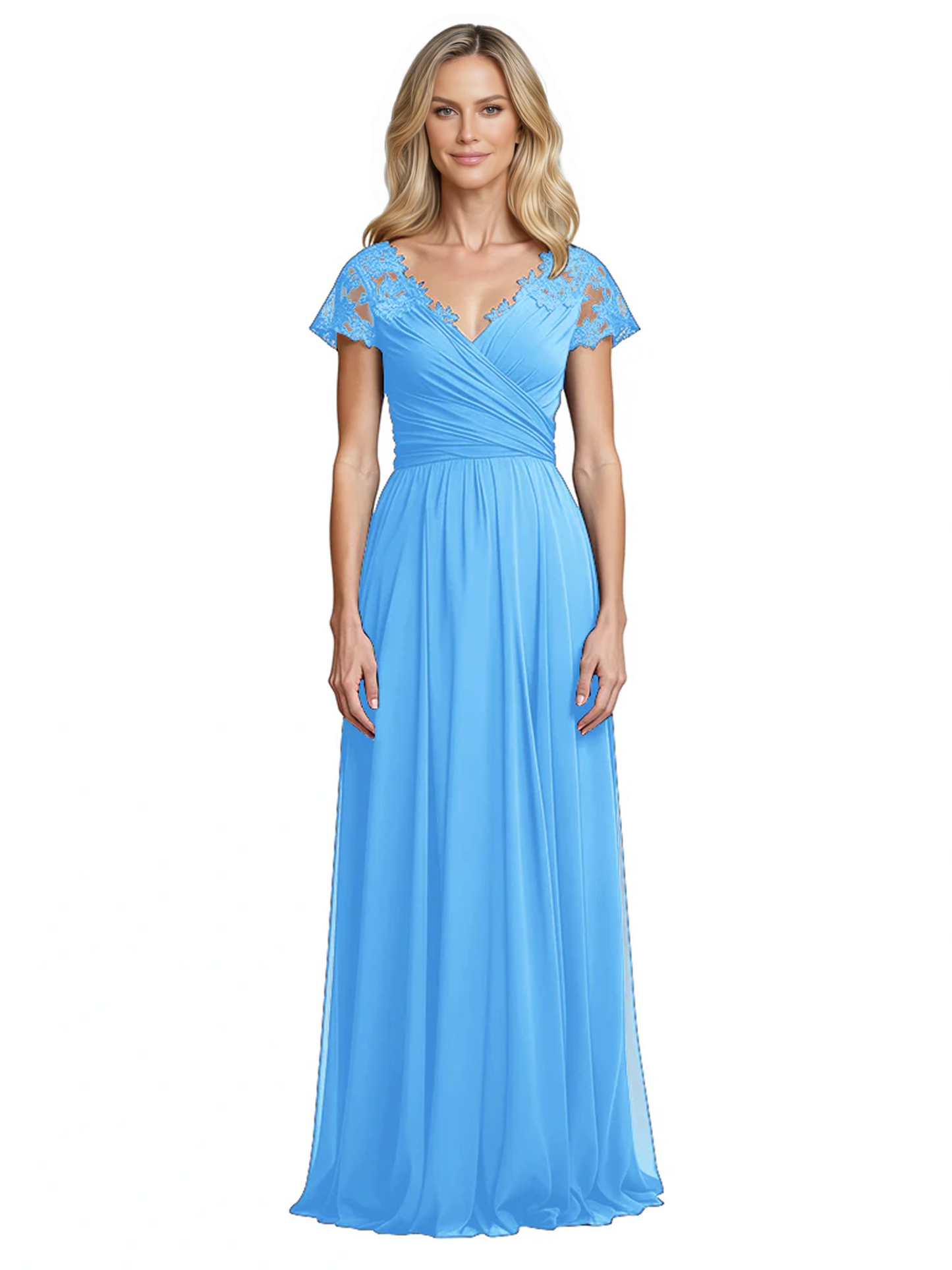 Mother of the Bride Dress Cap Sleeves and V-Neckline with Embroidered Lace Shoulders