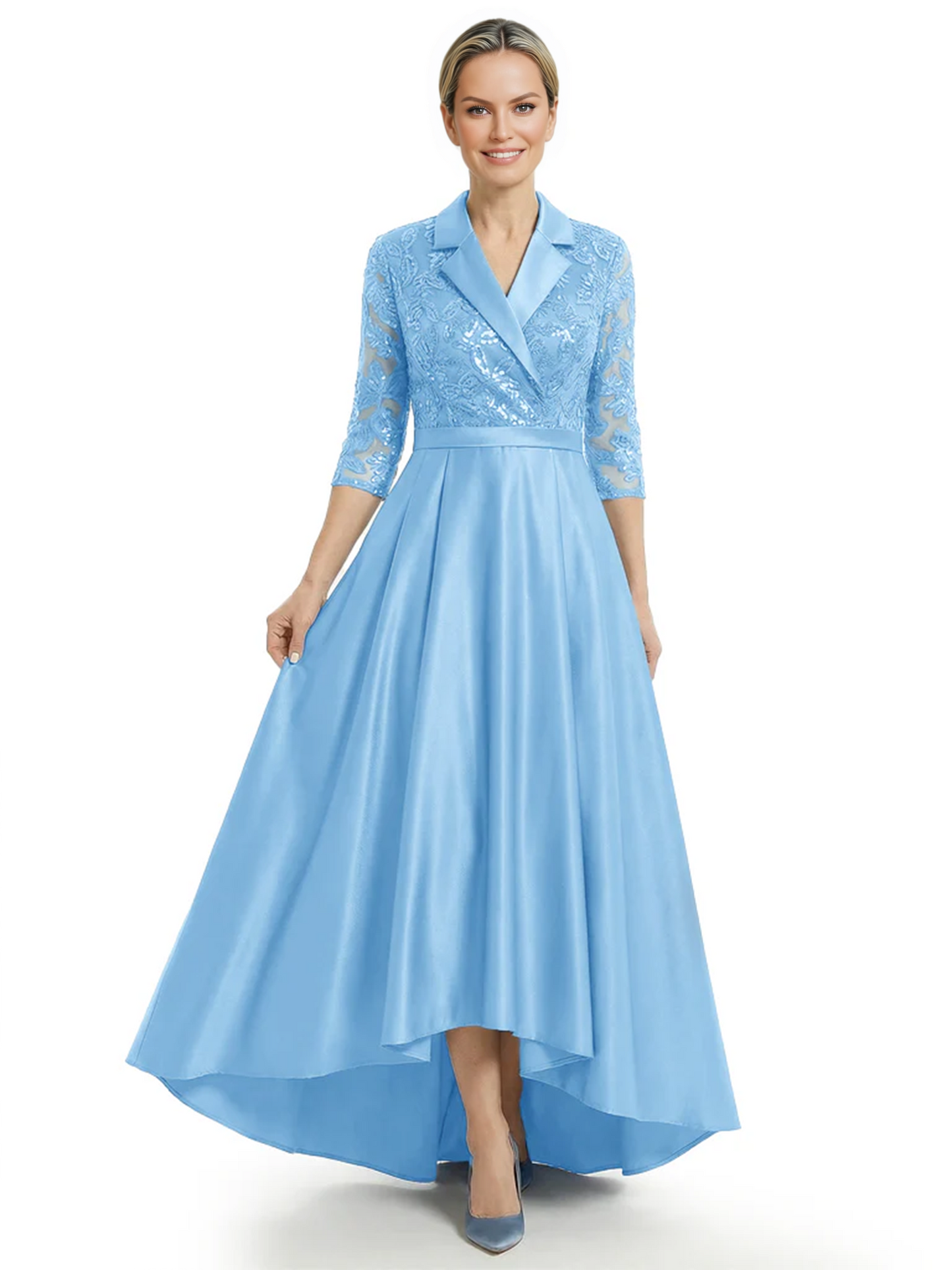 Elegant Mother of Bride Dress Evening Gowns Trending Styles with Lapel Collar 3/4 Sleeves